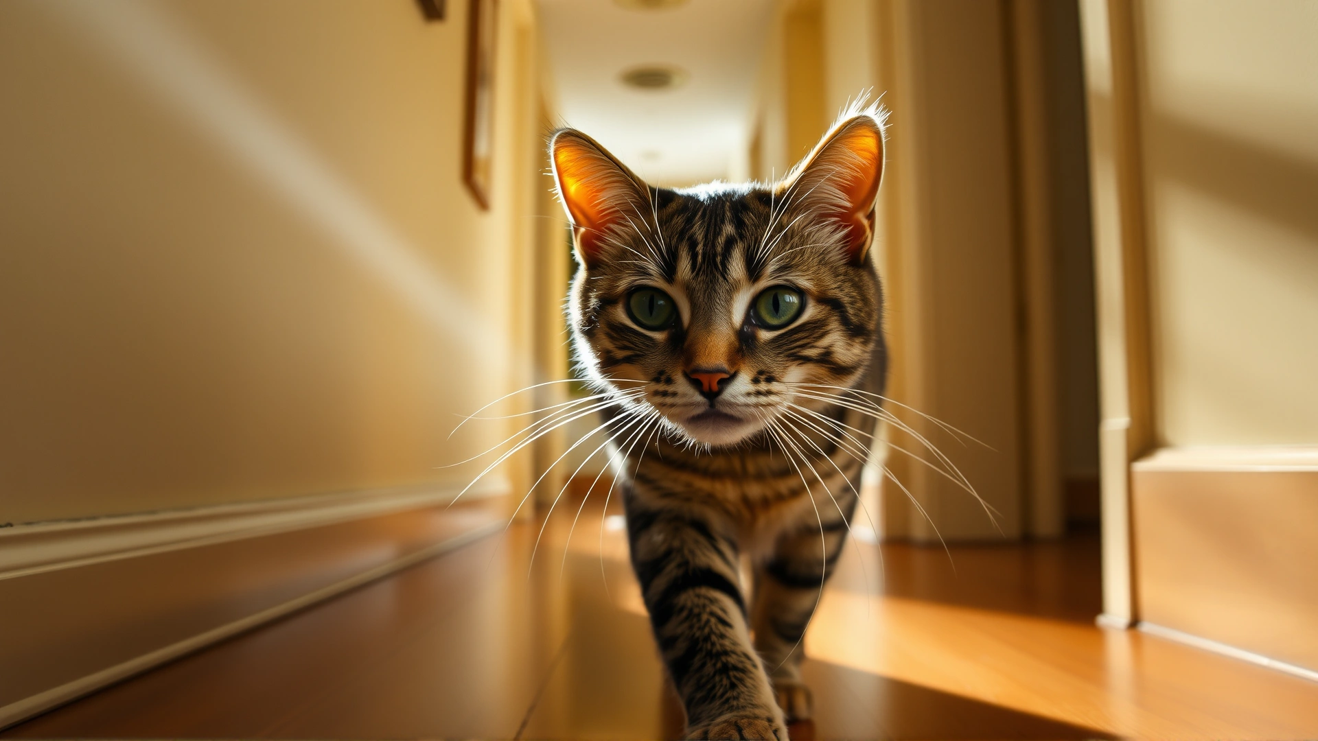 Adult blind cat confidently walking down a hallway using whiskers to navigate, sunlight streaming in.
