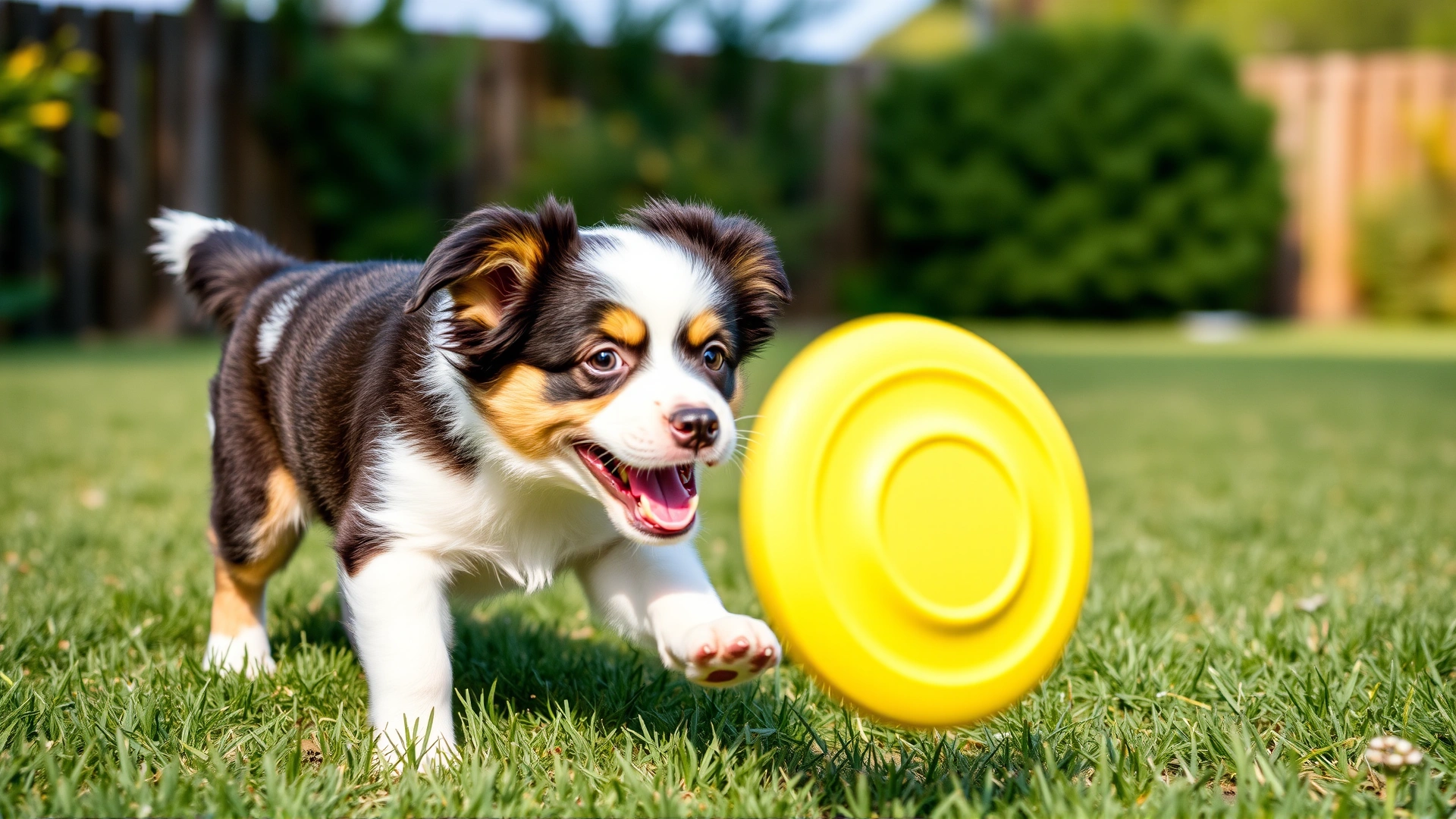 Border Aussie puppy playing with a frisbee in a sunny backyard, motion blur on the frisbee, no text