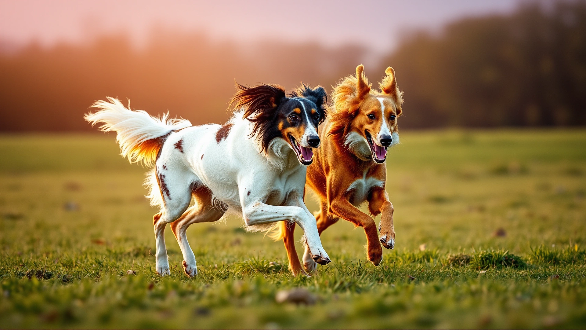 Two Borzois running and playing together in an open grassy field during golden hour.
