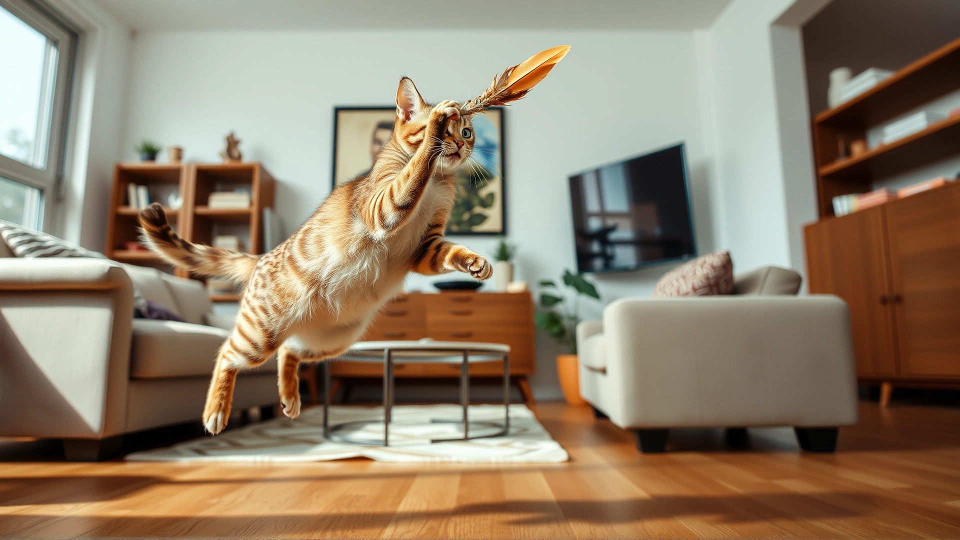 Action shot of an Oriental Shorthair cat mid-jump trying to catch a feather toy in a bright modern living room