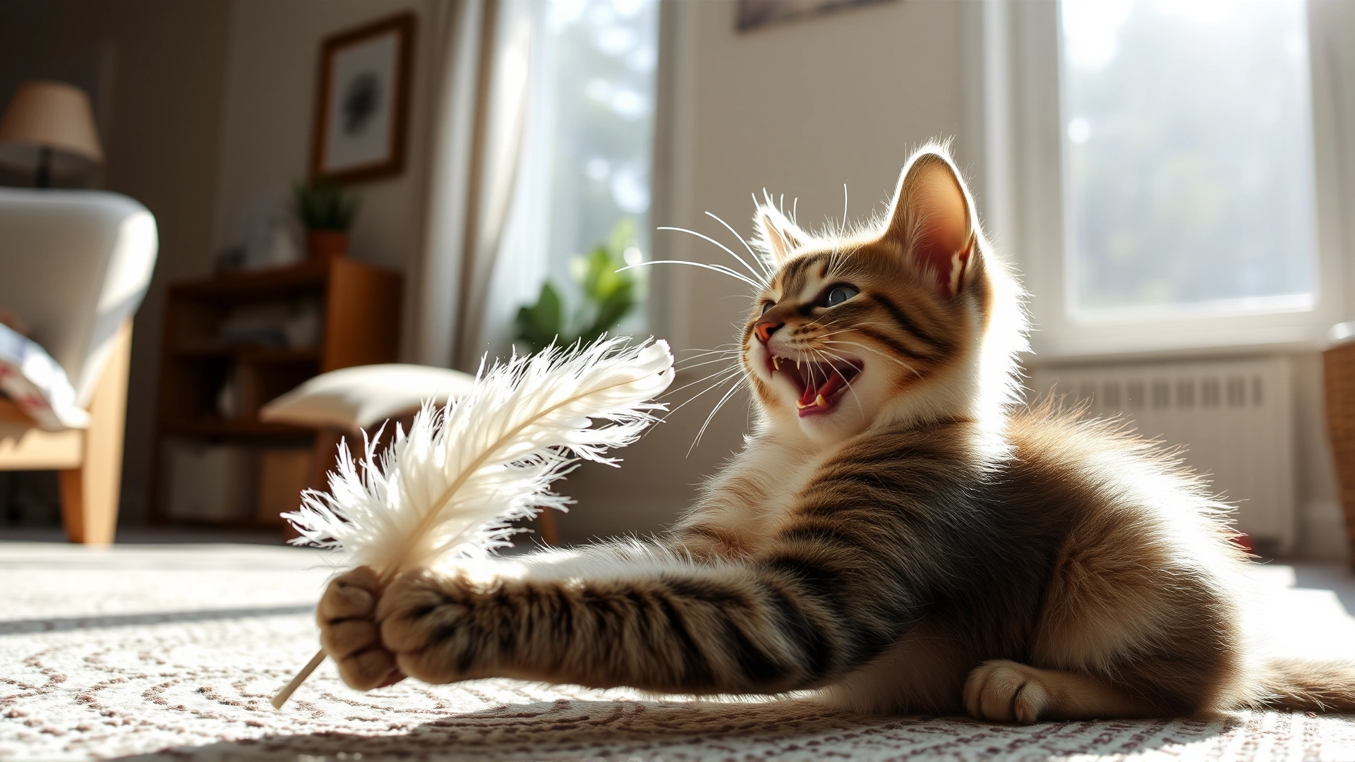 Happy young cat playing with a feather toy in a sunlit living room, symbolizing successful recovery