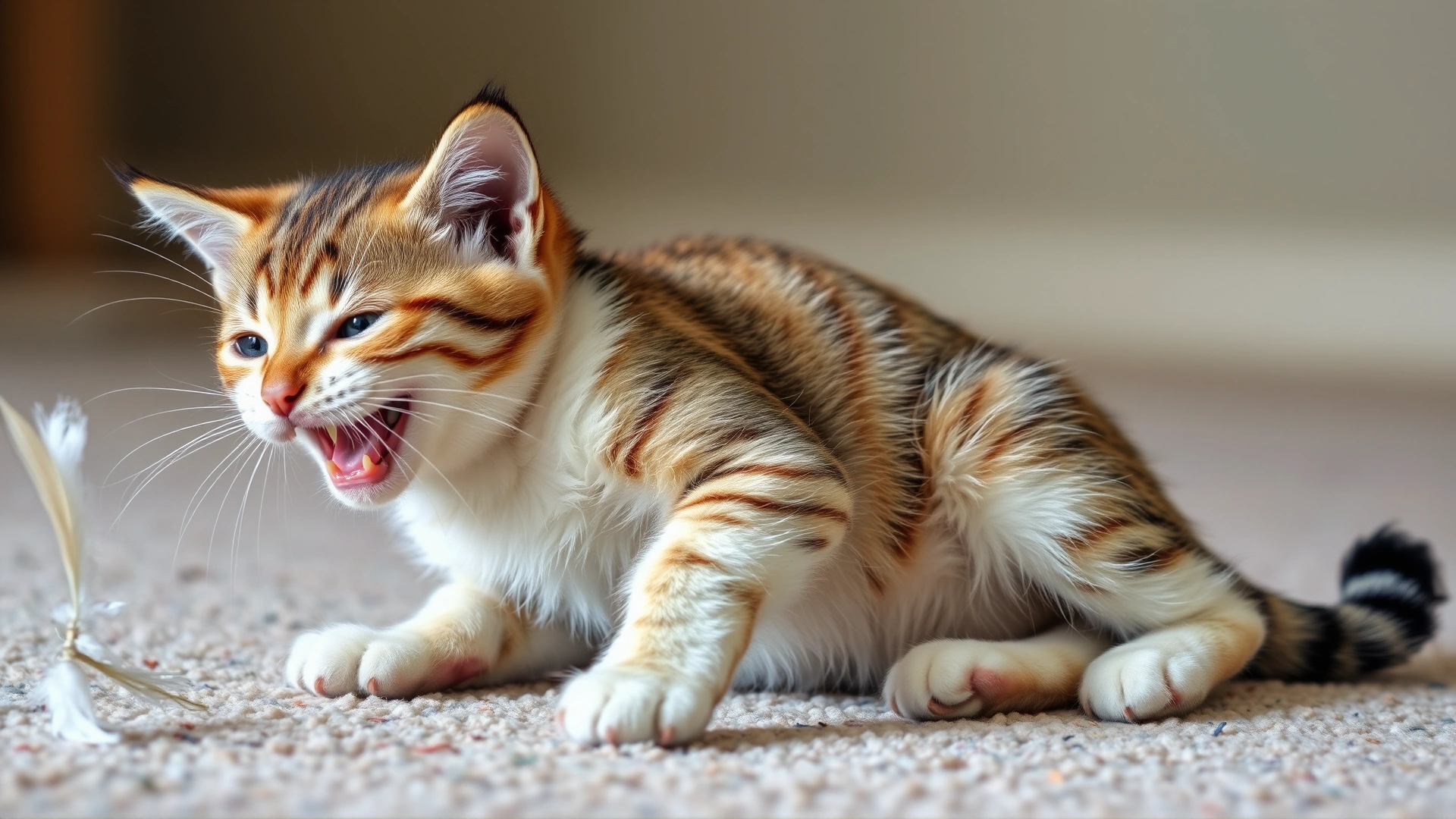 Energetic young cat playing with a feather toy on a carpet, appearing healthy and active.