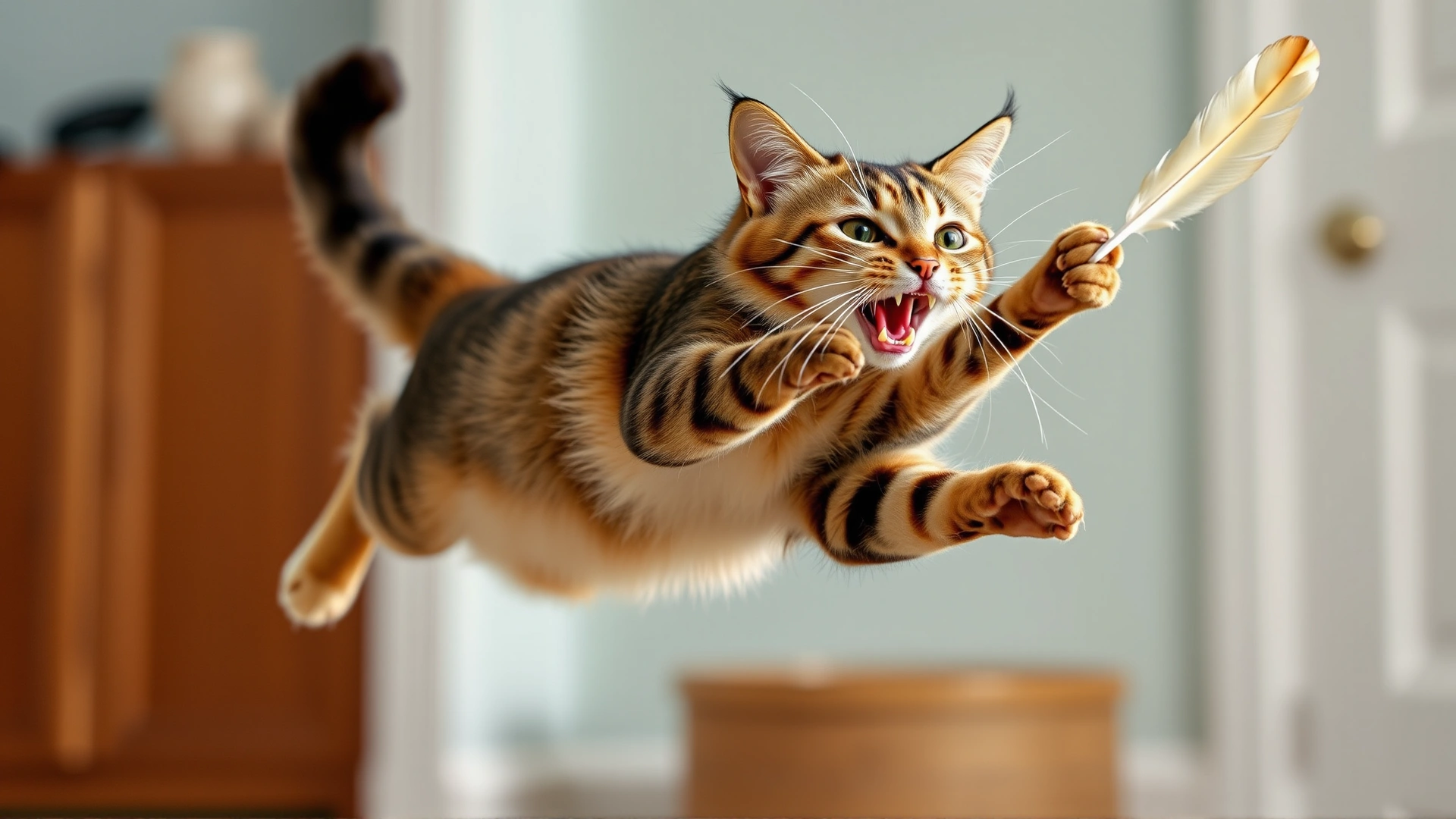Active indoor cat mid-air while jumping for a feather toy; shows how energetic play can lead to sprains.