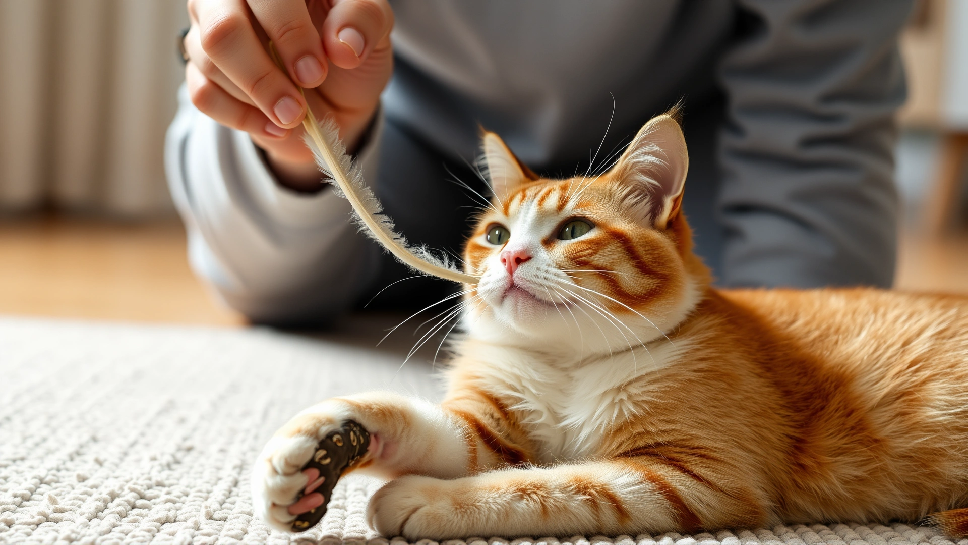 Owner gently engaging a recovering cat with a feather wand while the cat remains lying on a soft rug; low-impact mental stimulation.