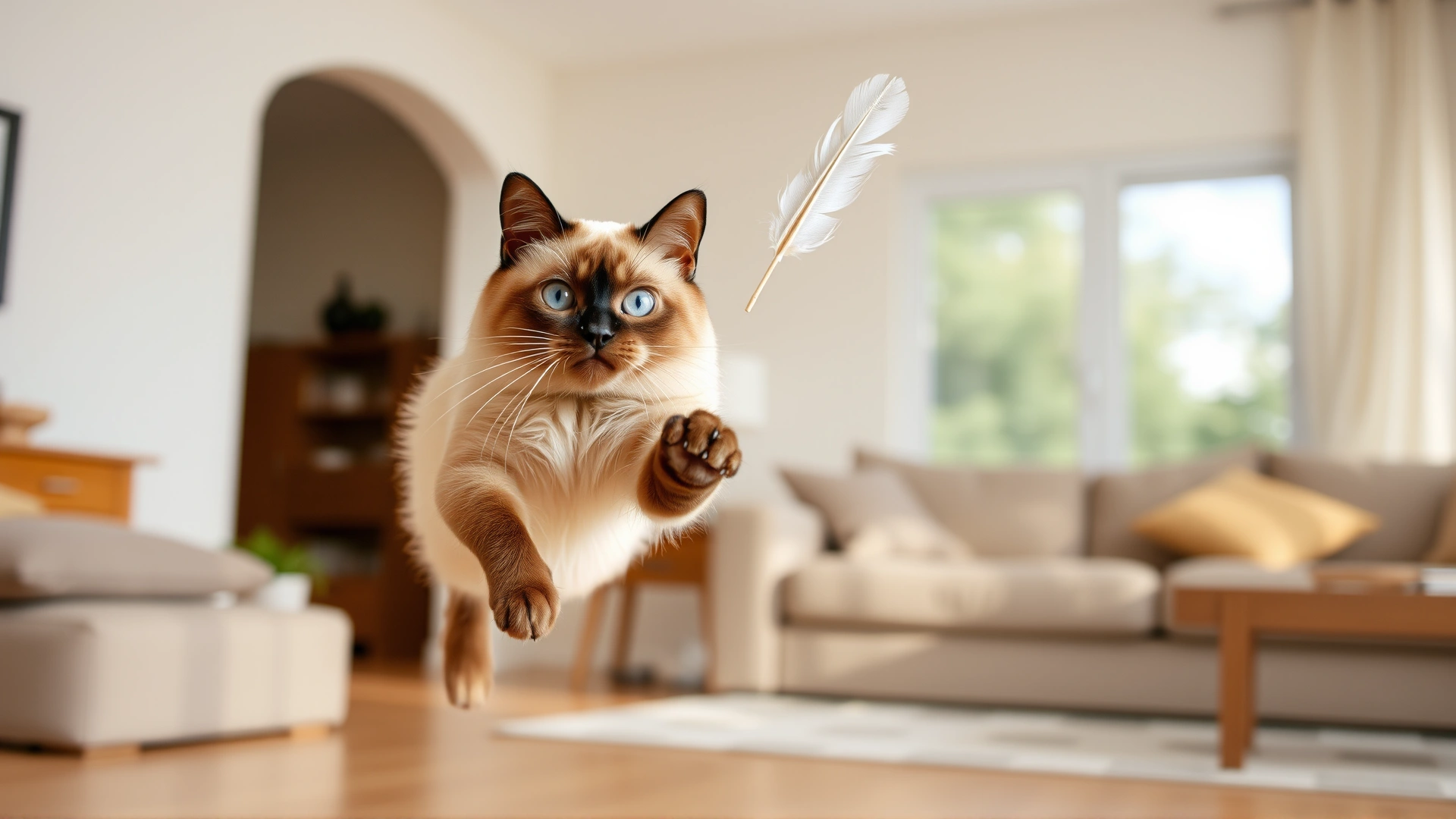 Tonkinese cat leaping mid-air chasing a feather toy in a brightly lit living room