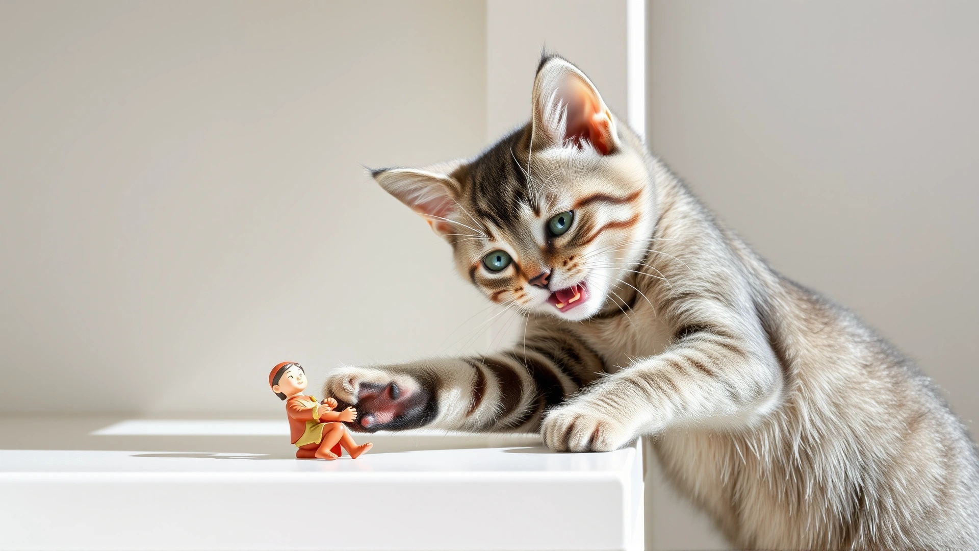 Medium shot of a playful young gray tabby cat knocking a small figurine off a white shelf. Bright, natural lighting with a minimalistic background.