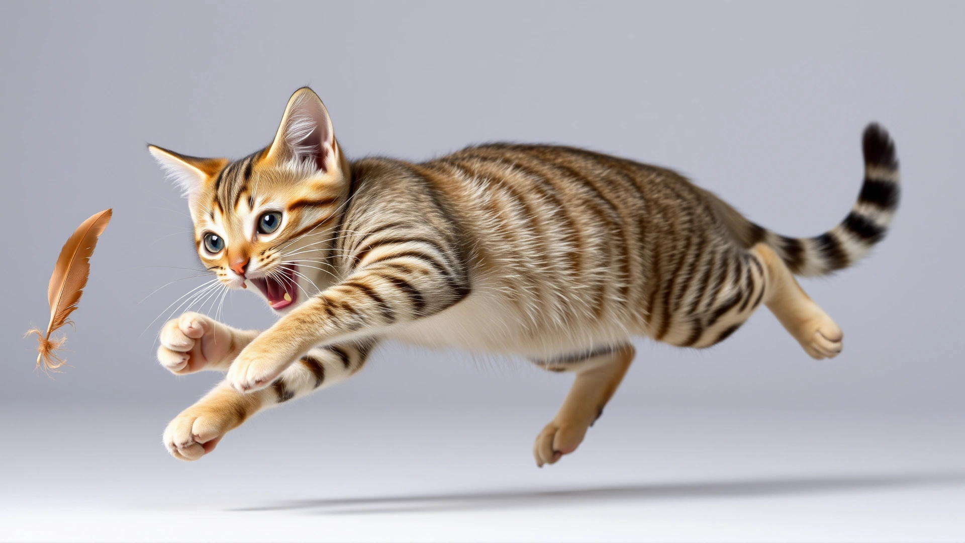 An energetic young tabby cat mid-pounce chasing a feather toy, its mouth slightly open as it pants