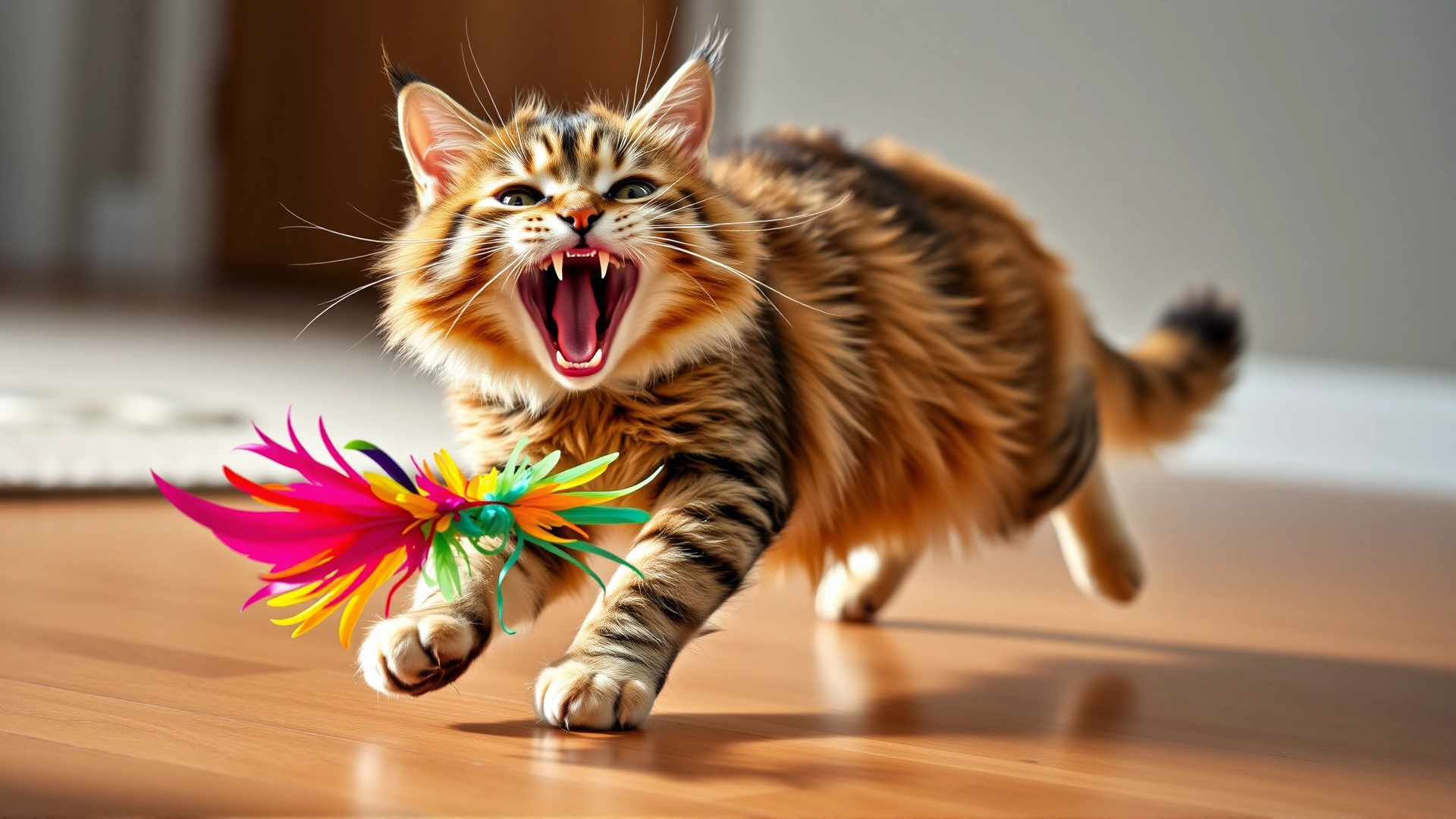 A lively domestic cat energetically playing with a colorful feather toy on a wooden floor, motion captured mid-pounce.