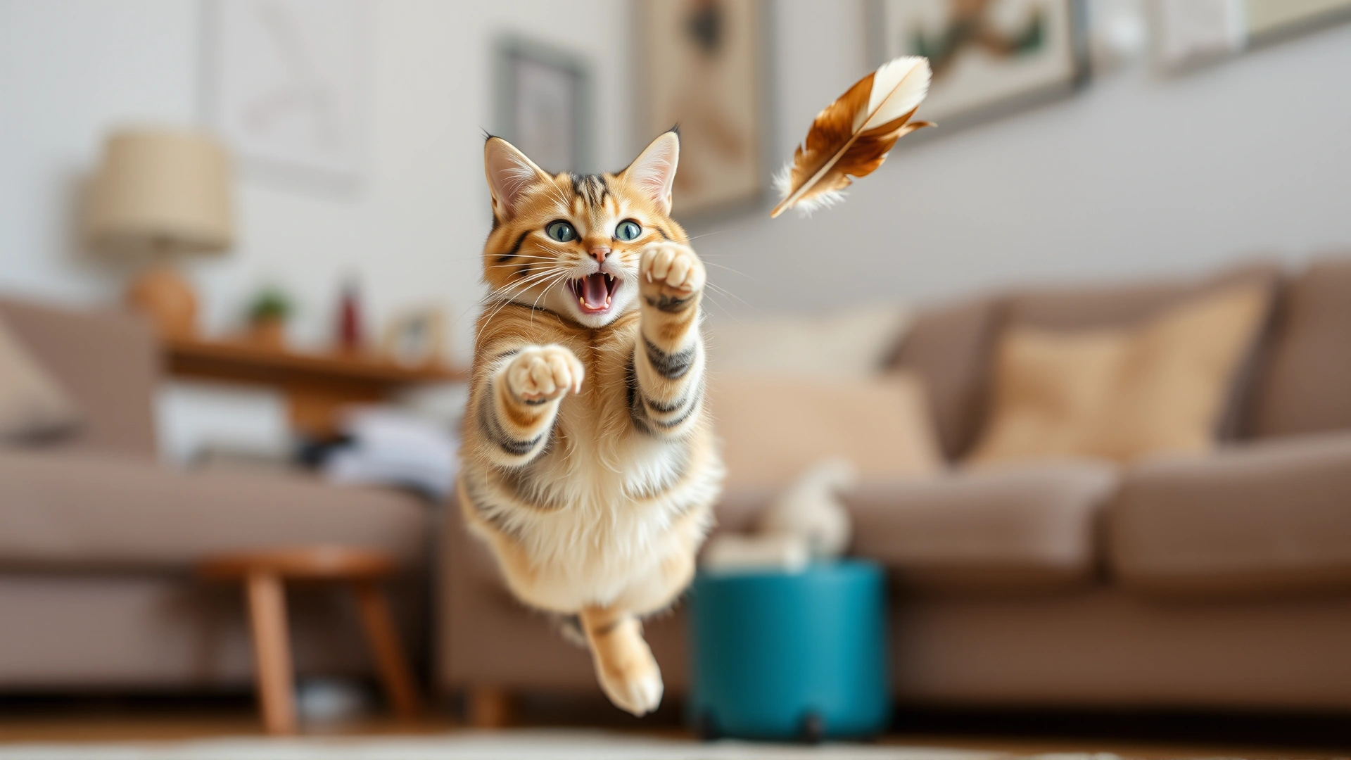American domestic cat mid-jump catching a feather toy, living room background slightly blurred, dynamic action shot, high shutter speed