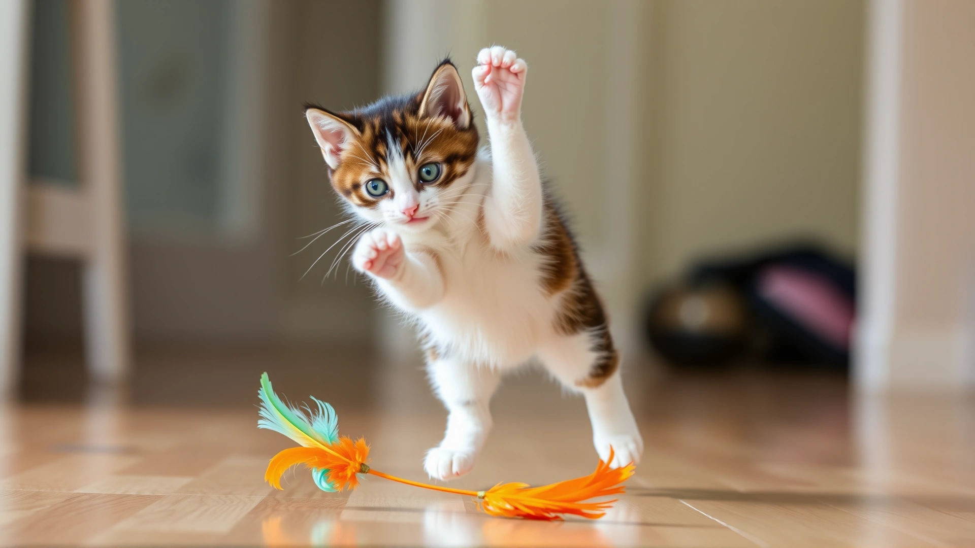Playful Japanese Bobtail kitten leaping mid-air to catch a colorful feather toy on a wooden floor, high shutter speed, vibrant colors.