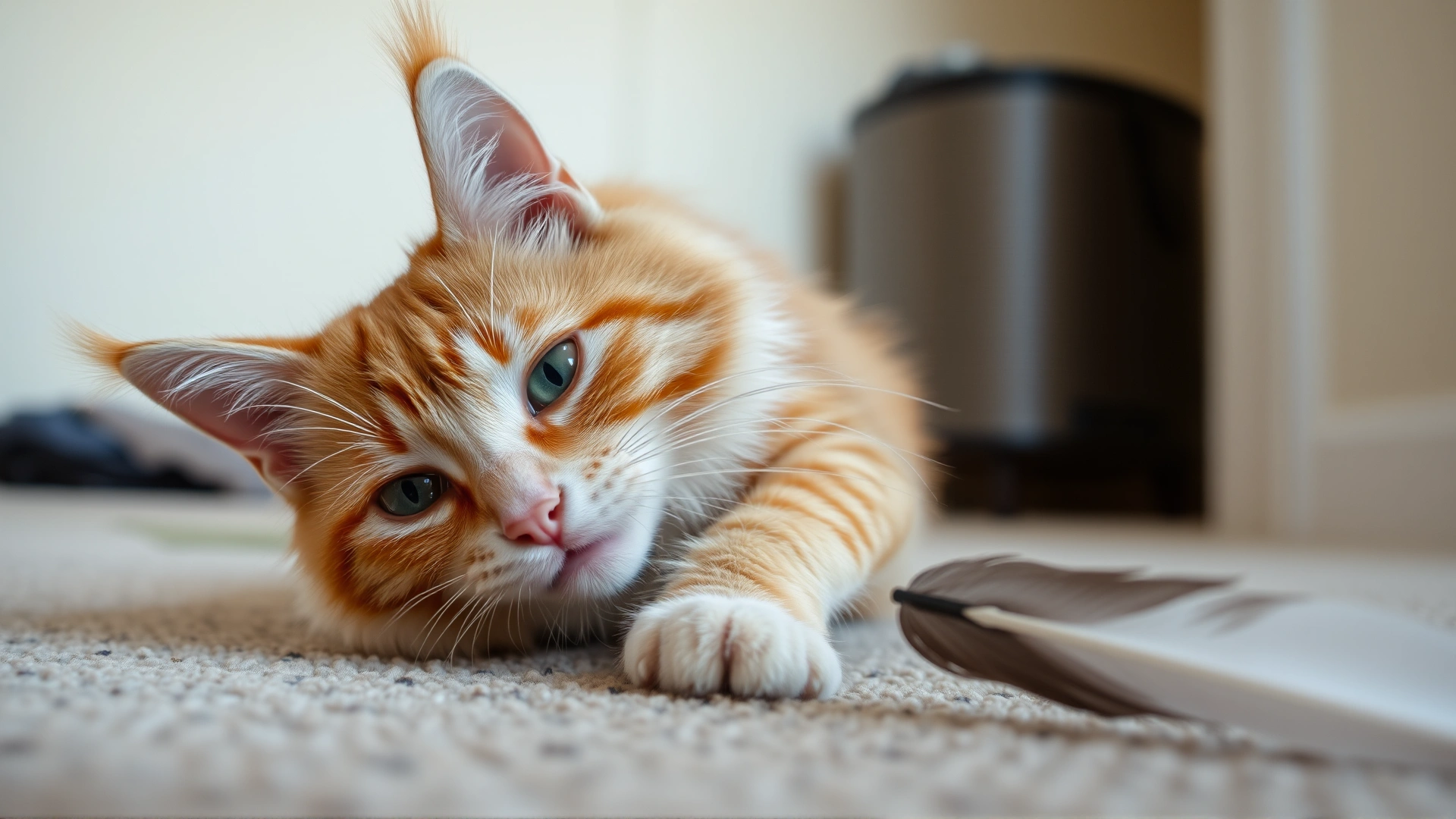 Close-up of a playful orange tabby cat batting at a feather toy on a carpeted floor, captured in motion