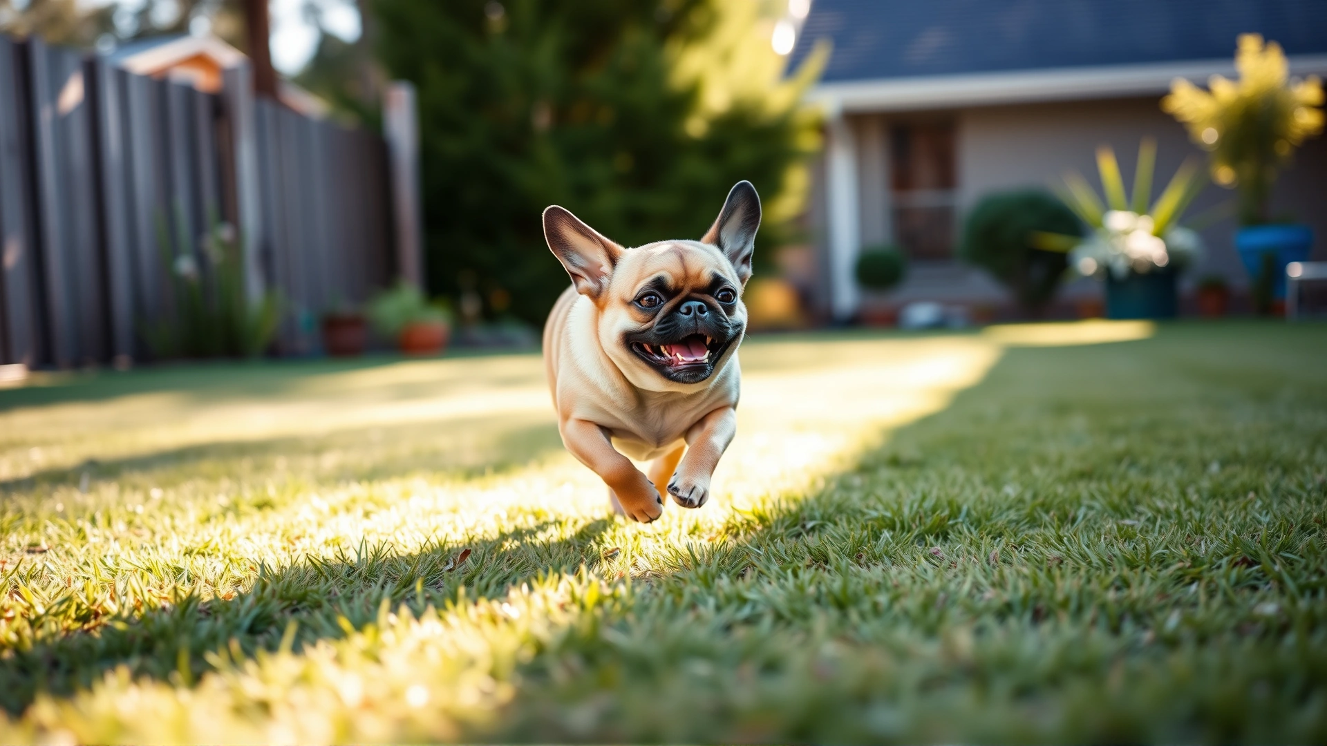 A playful Chug dog running across a backyard lawn mid-stride, ears flapping, bright afternoon light.
