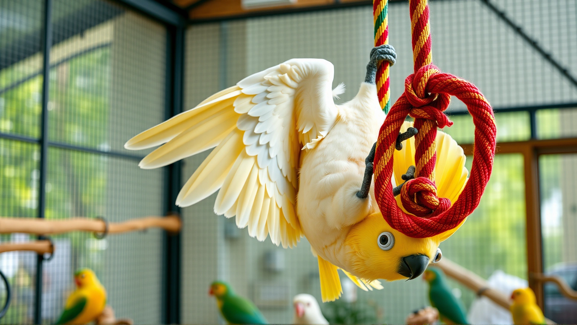 A playful cockatoo hanging upside down from a colorful rope toy inside a spacious indoor aviary, wings half-open and beak gently nibbling the toy.