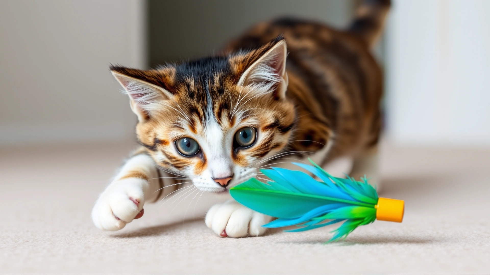 Cat chasing a colorful feather toy (blue and green feathers) on a neutral background, motion captured