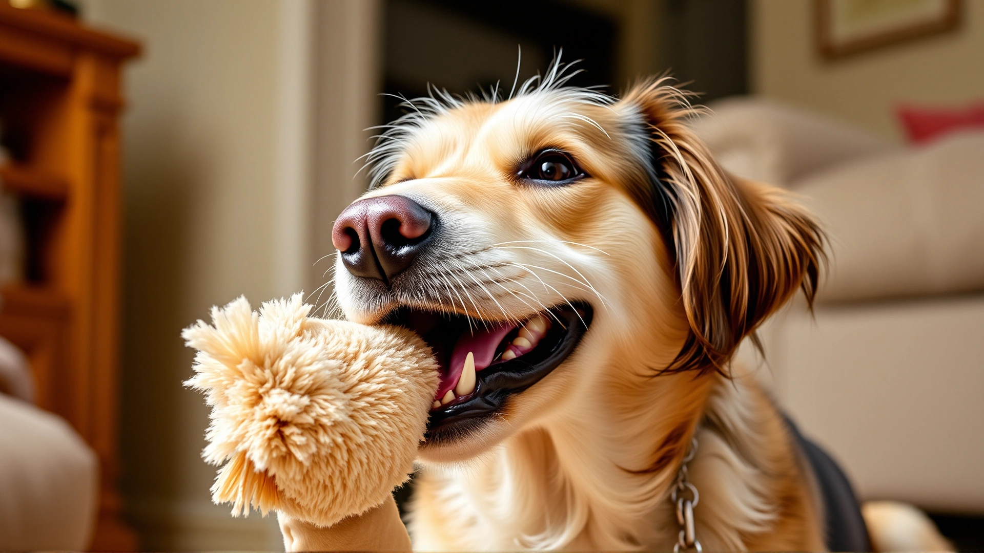 Senior dog joyfully playing with a plush toy indoors, highlighting mental stimulation and happiness.