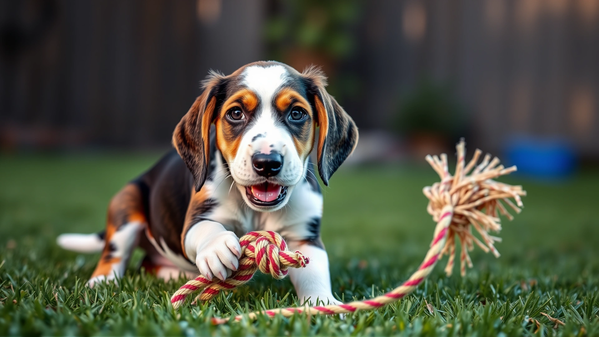 A happy American English Coonhound puppy playing with a rope toy on a grassy backyard