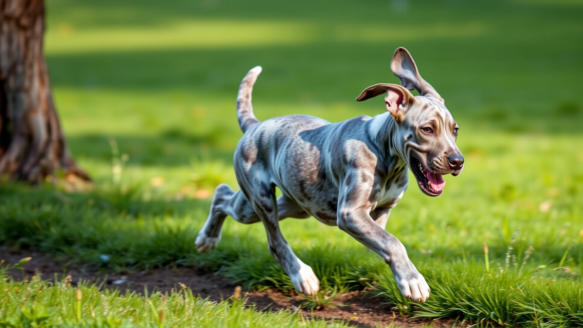 Playful Great Dane puppy running across a grassy field with its ears flapping