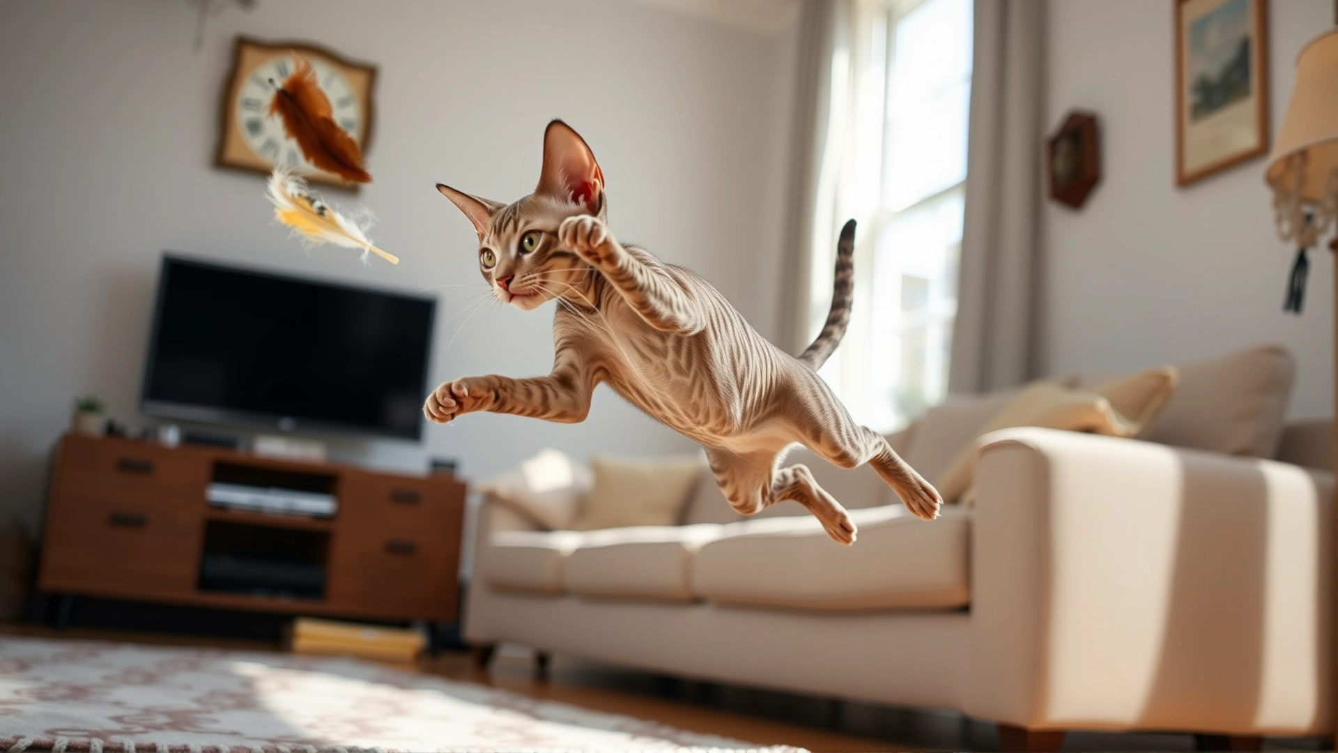 Devon Rex kitten jumping mid-air while chasing a feather toy in a bright living room