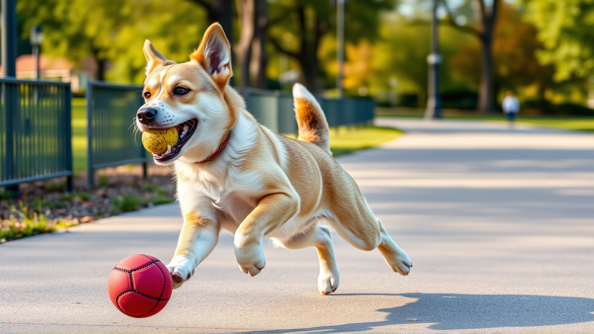 Neutered young dog joyfully running in a sunny park with a ball in its mouth, vibrant colors, action shot
