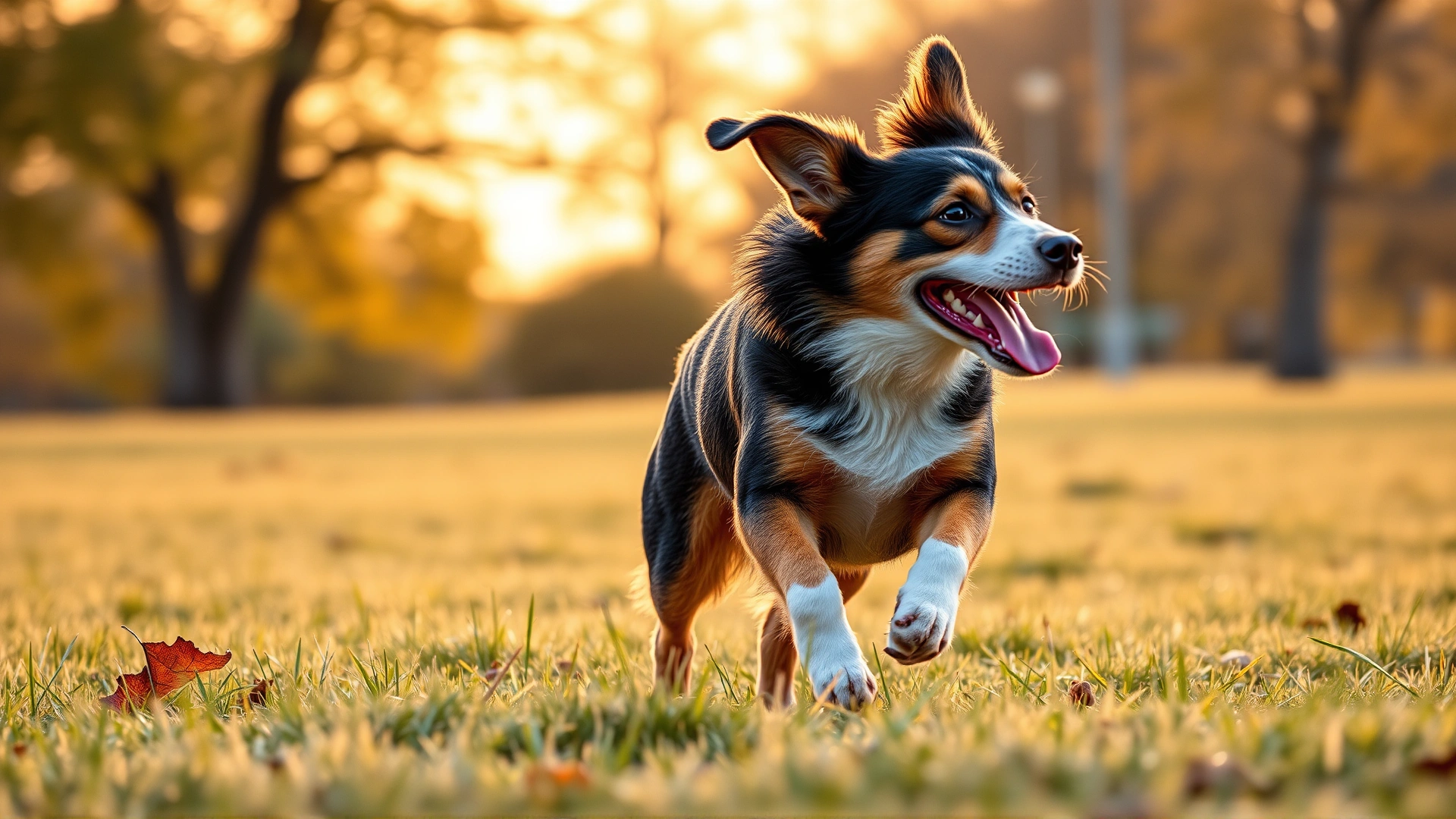 Happy mixed-breed dog running in a grassy park during golden hour, ears flapping and tongue out, conveying energy and vitality before neutering.