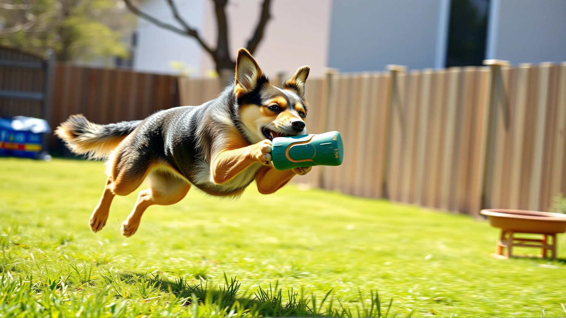 Energetic medium-size dog mid-jump catching a squeaky toy in a backyard on a sunny day, motion blur background