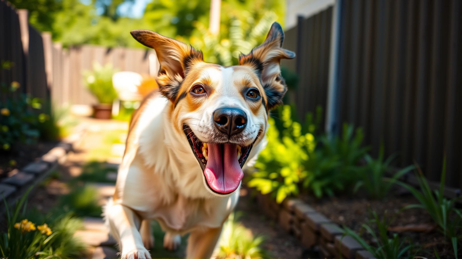 Close-up of a happy mixed-breed dog running toward the camera in a sunlit backyard, ears flapping and tongue out.