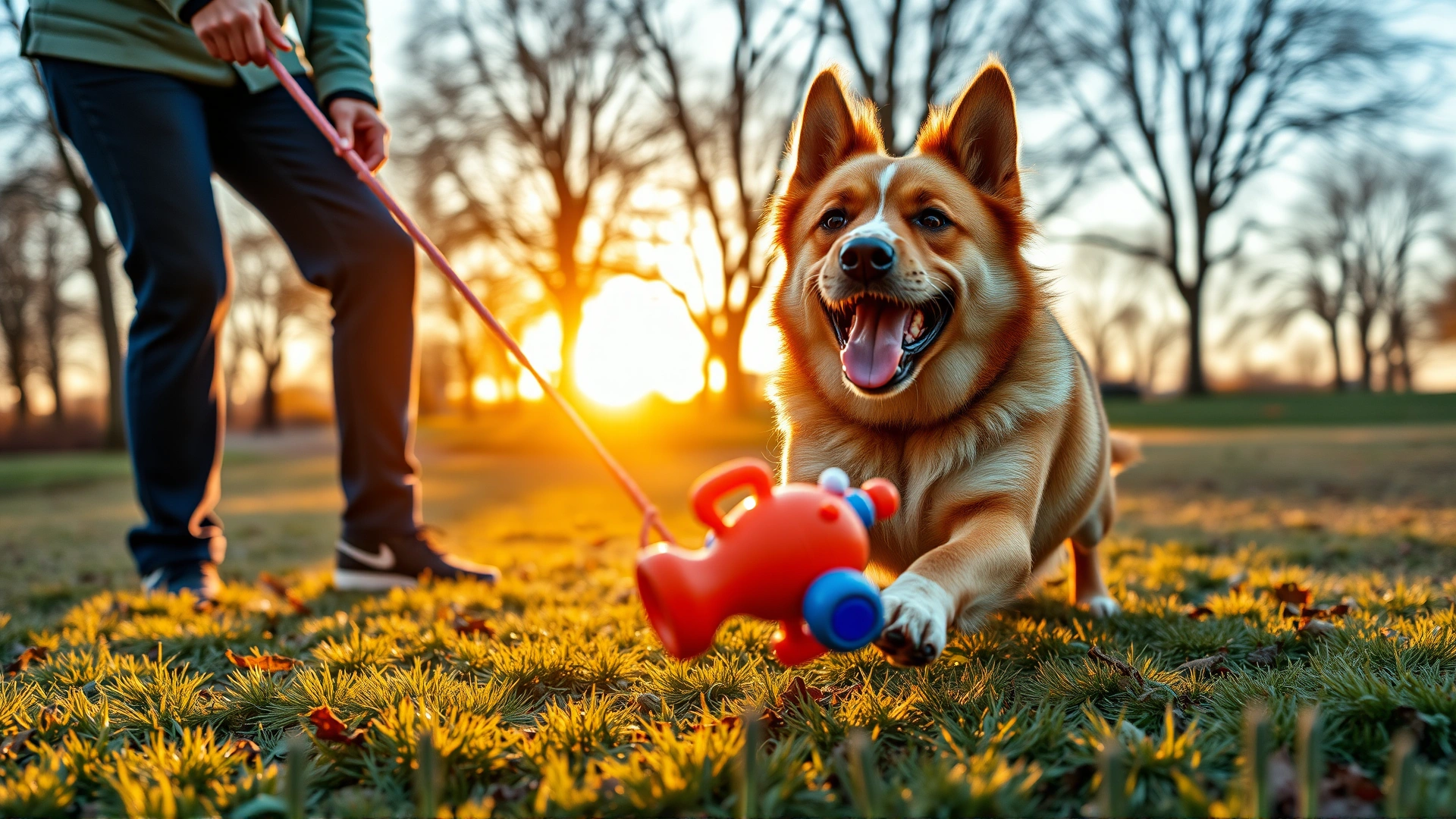 Healthy adult dog playing fetch with its owner in a park during golden hour, vibrant colors, motion blur on toy.