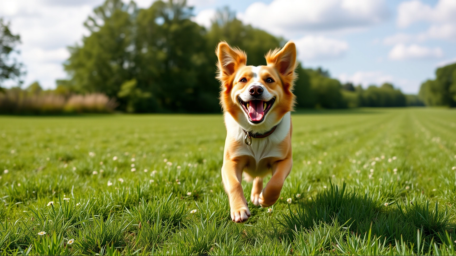 Happy dog running in a green field on a sunny day, ears flapping and looking healthy, no text.
