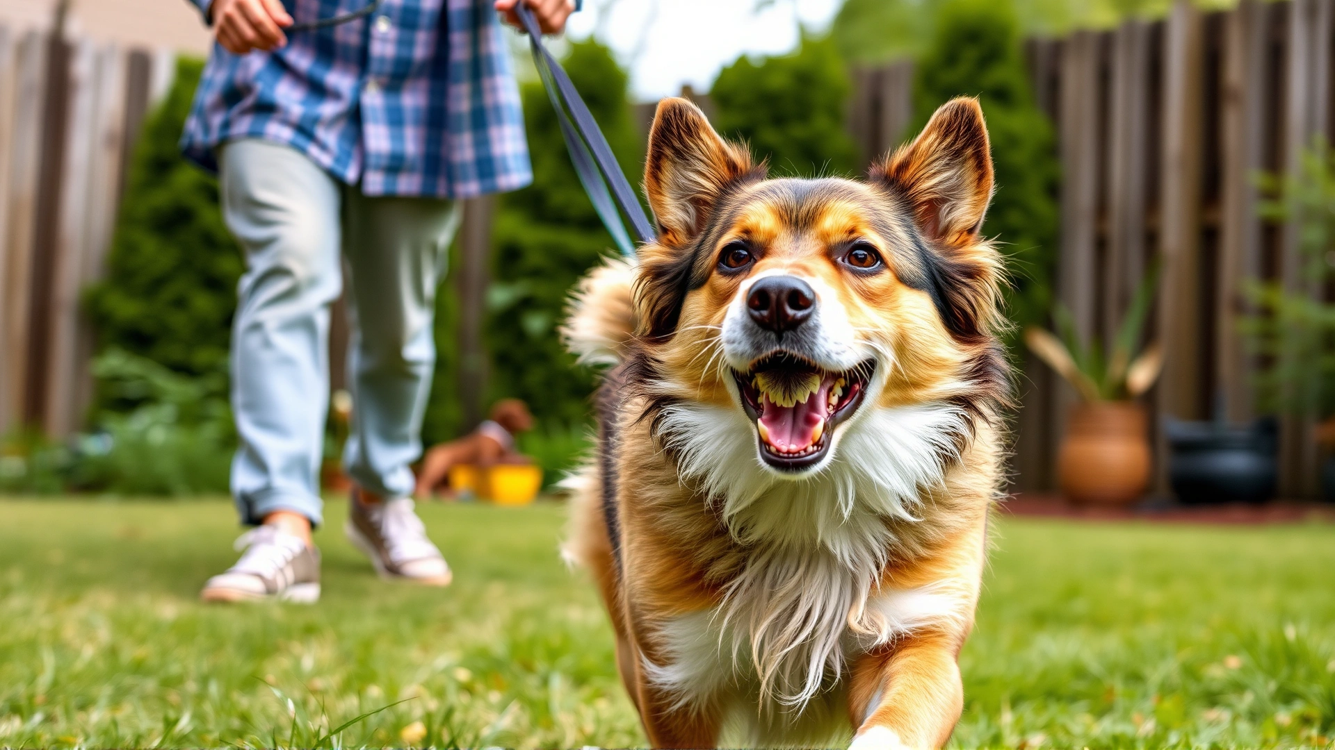 Young mixed-breed dog playing fetch with its owner in a backyard, showing normal activity post-recovery.