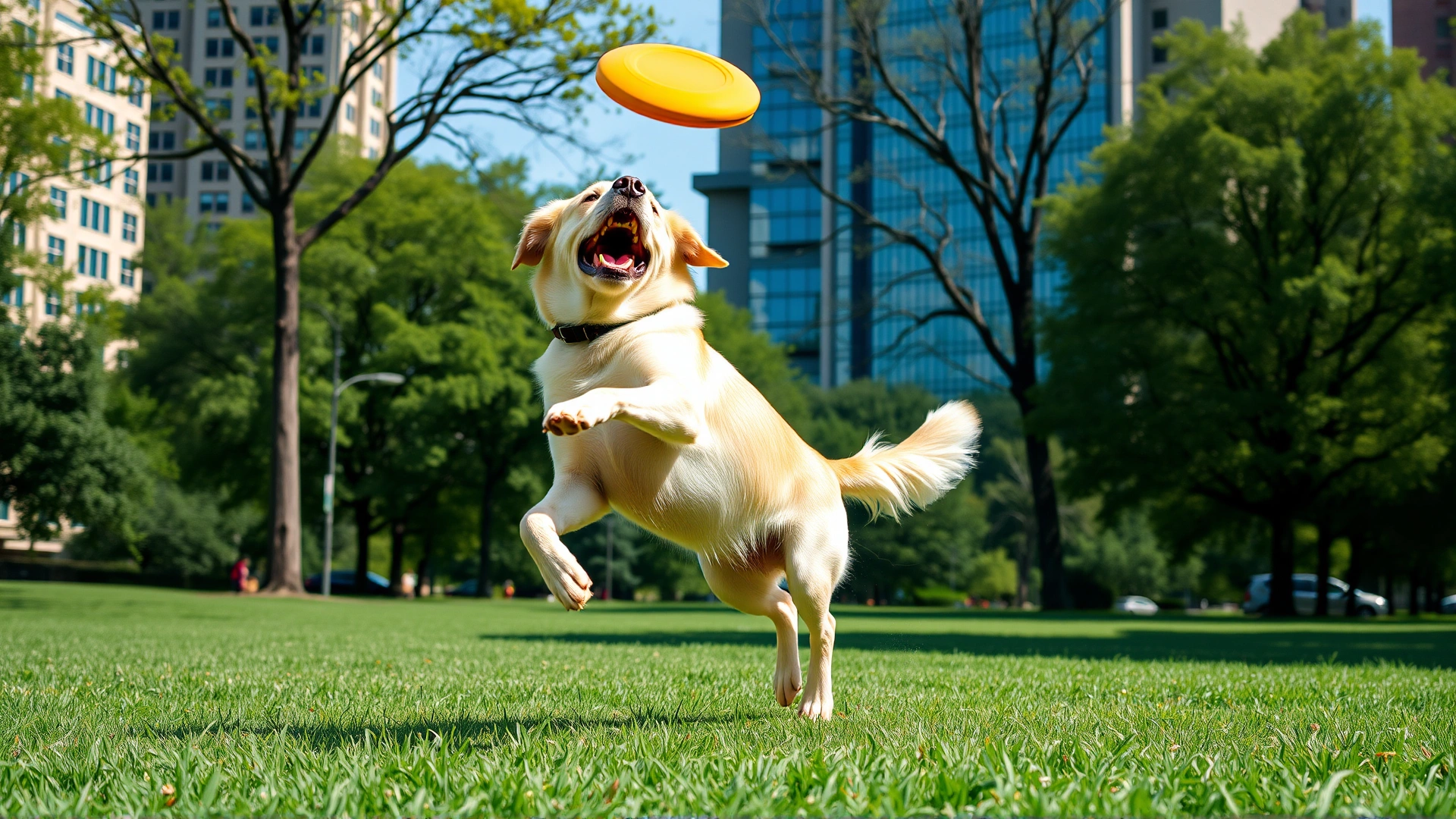 Cheerful Labrador Retriever mid-air catching a frisbee thrown by its owner in a vibrant green city park on a sunny day.
