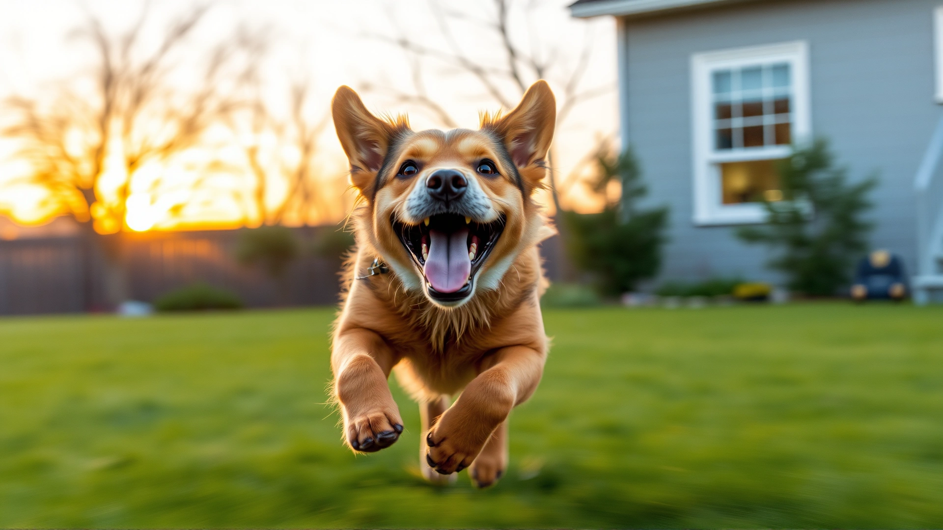 Happy dog running at full speed across a backyard in golden hour lighting, motion blur conveying speed