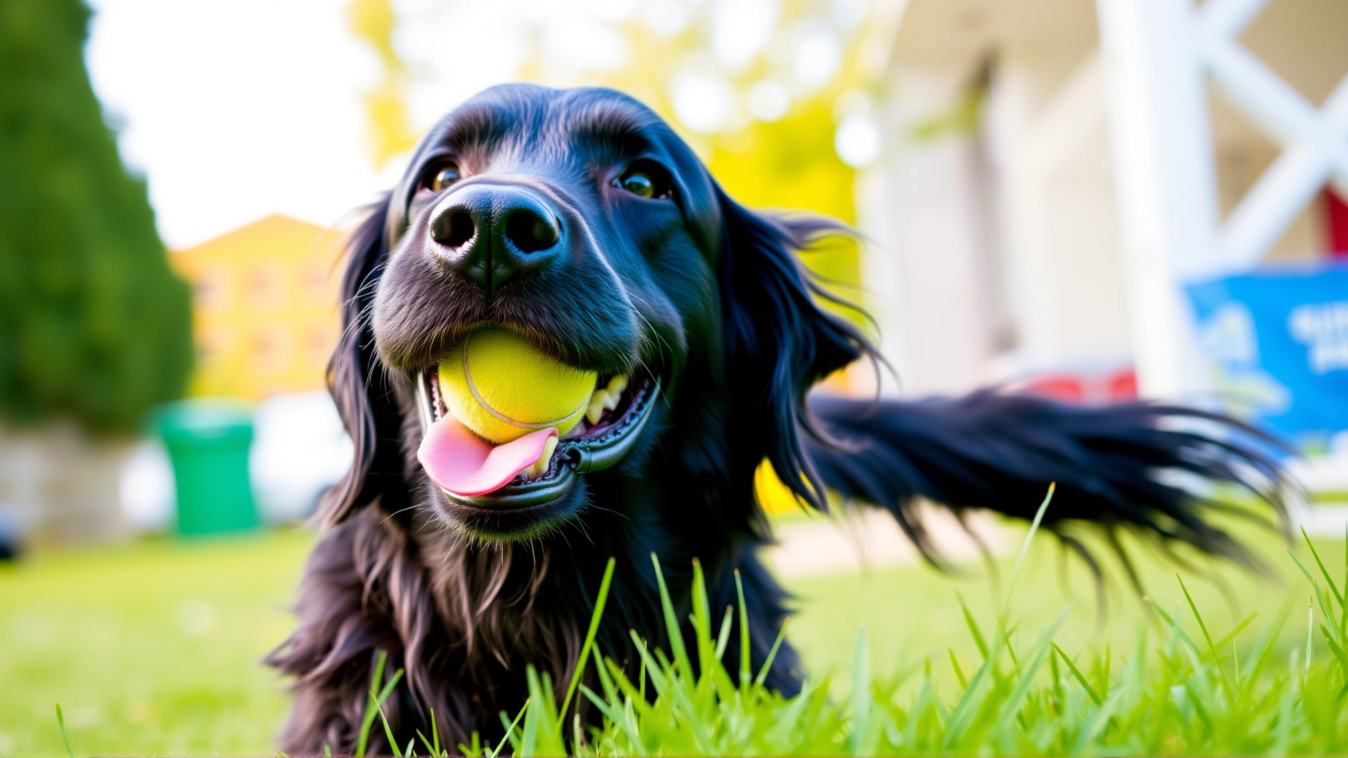 Close-up of a Flat-Coated Retriever holding a tennis ball in its mouth while wagging its tail, vibrant outdoor setting