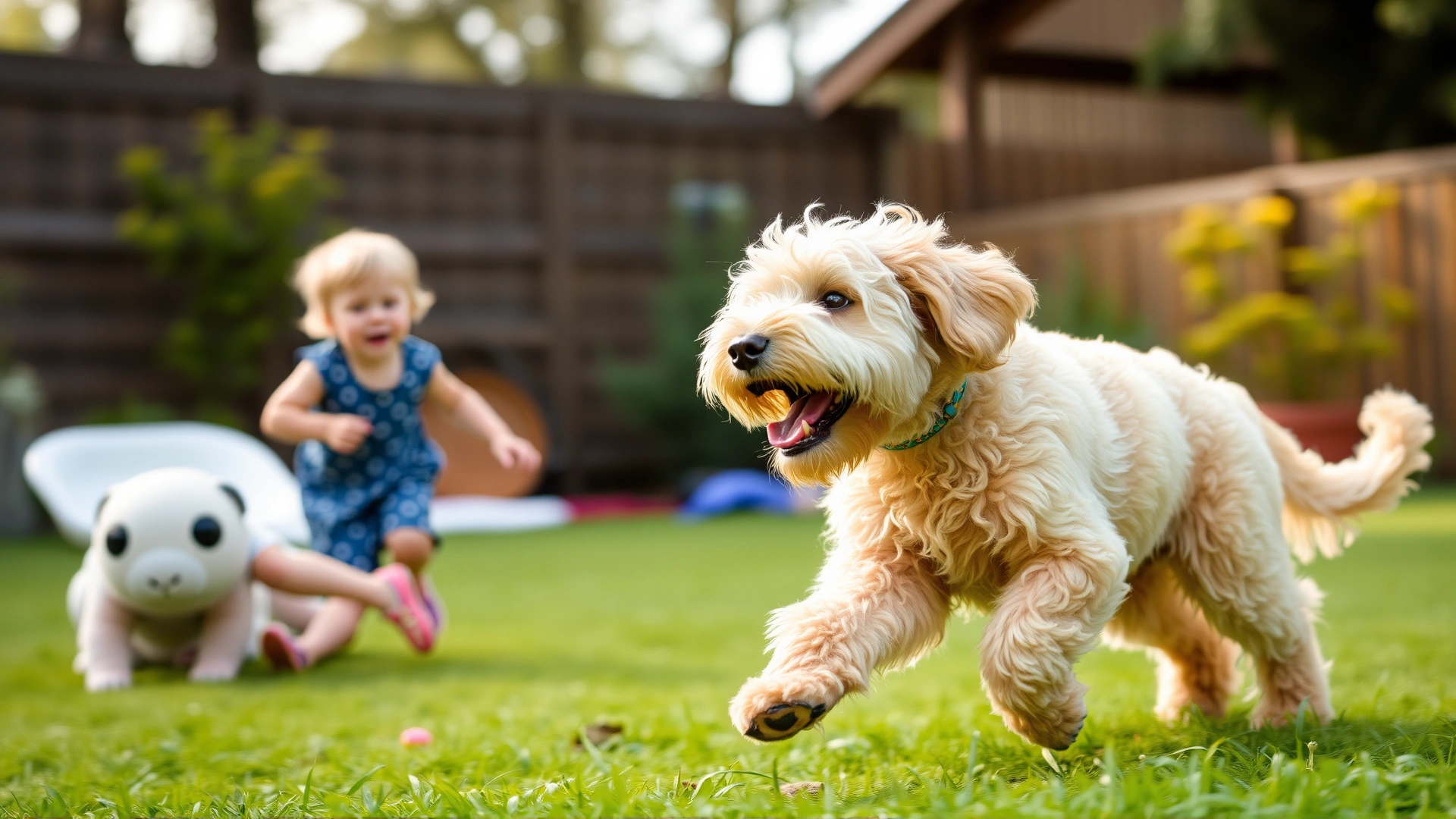 A happy Labradoodle playing fetch with a smiling child in a backyard, motion blur, natural daylight.