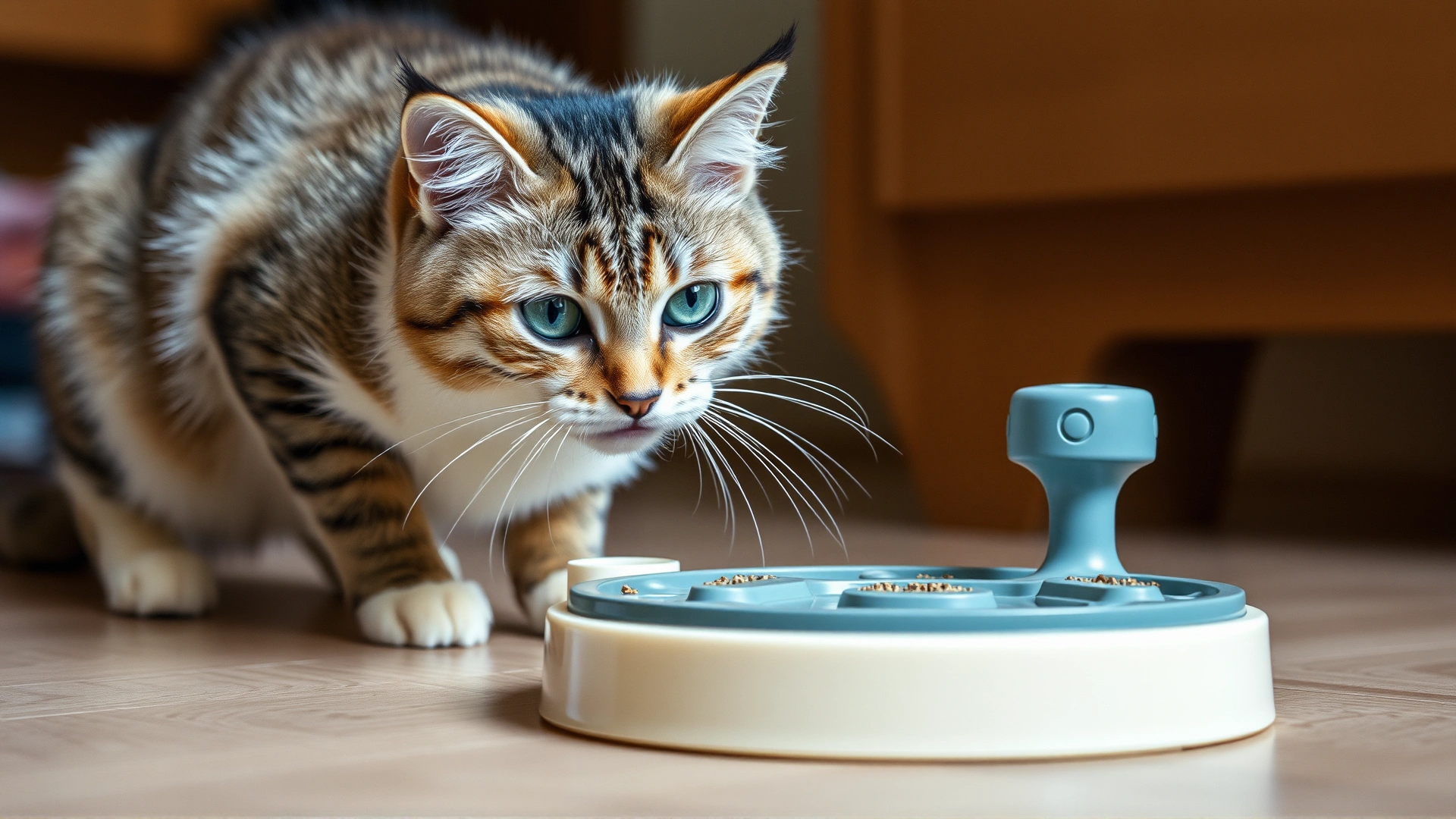 A playful cat interacting with a puzzle feeder toy on the floor, representing environmental enrichment.