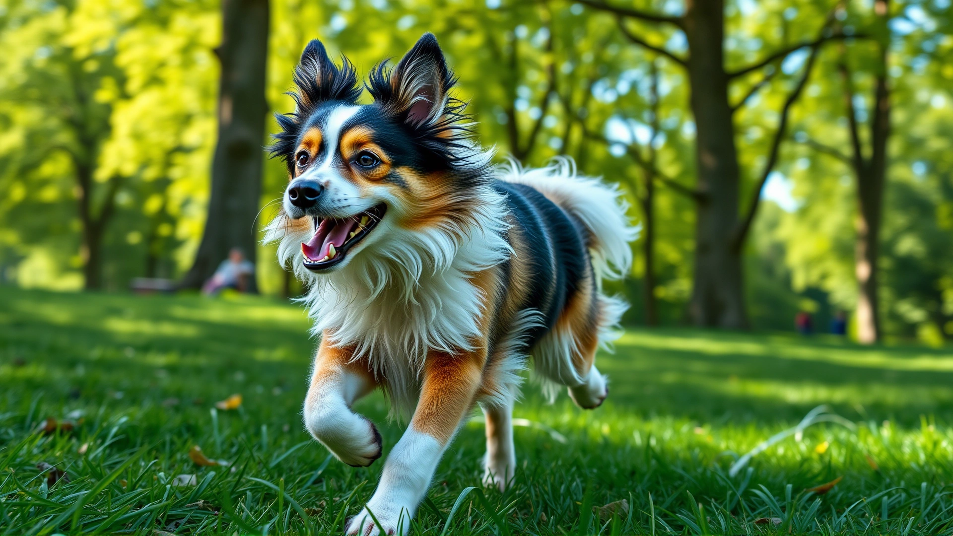Malshi dog running joyfully with a small ball in a lush green park on a sunny day, mid-action shot