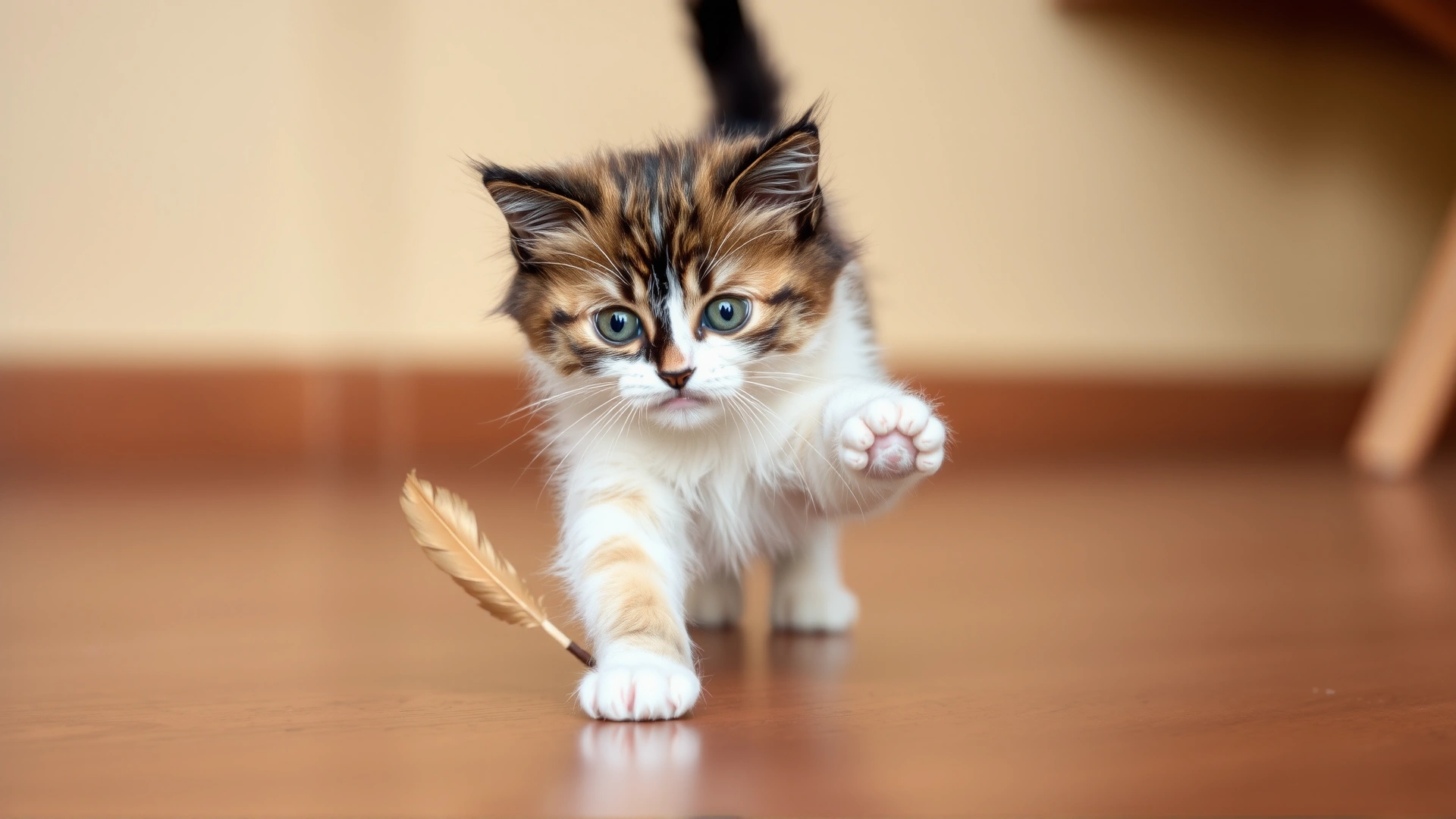 Playful Exotic Shorthair kitten chasing a feather toy on a wooden floor.