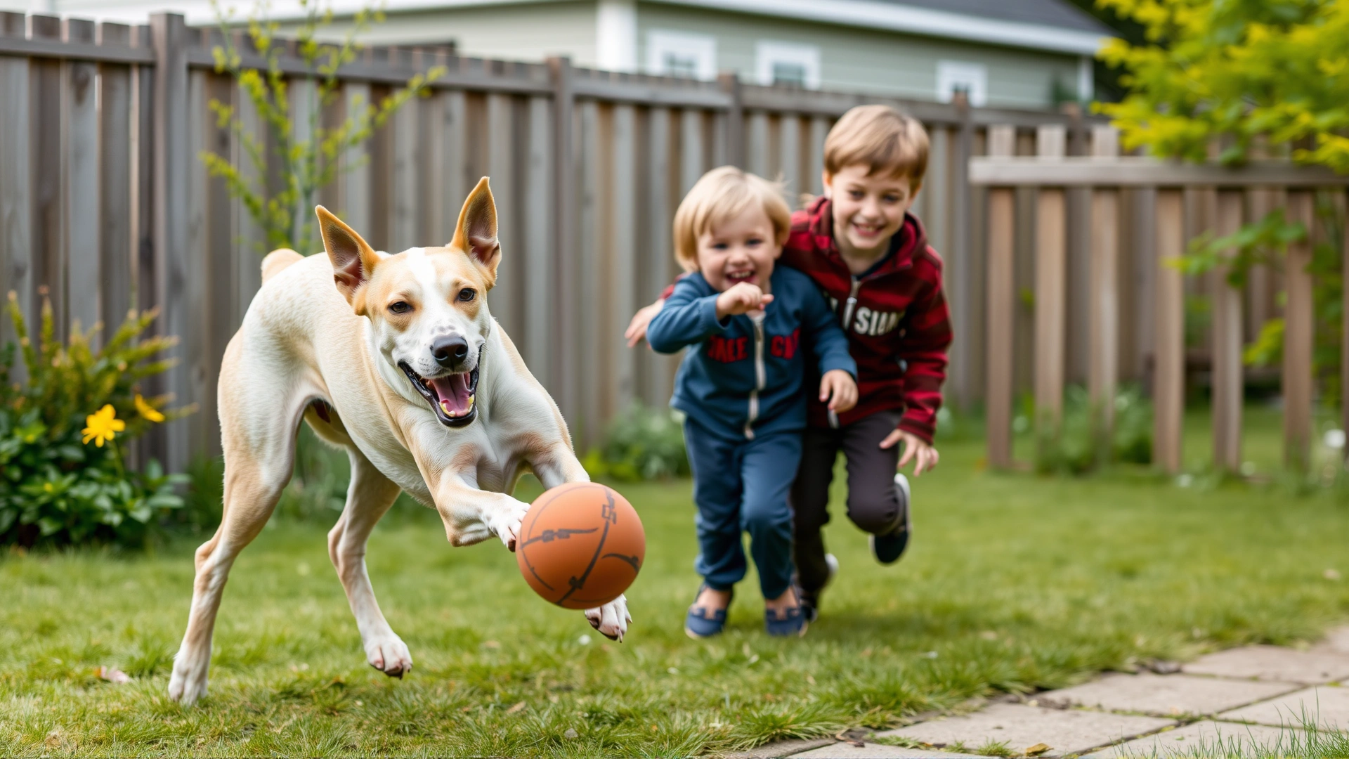 Ibizan Hound happily playing fetch with two smiling children in a fenced suburban backyard.
