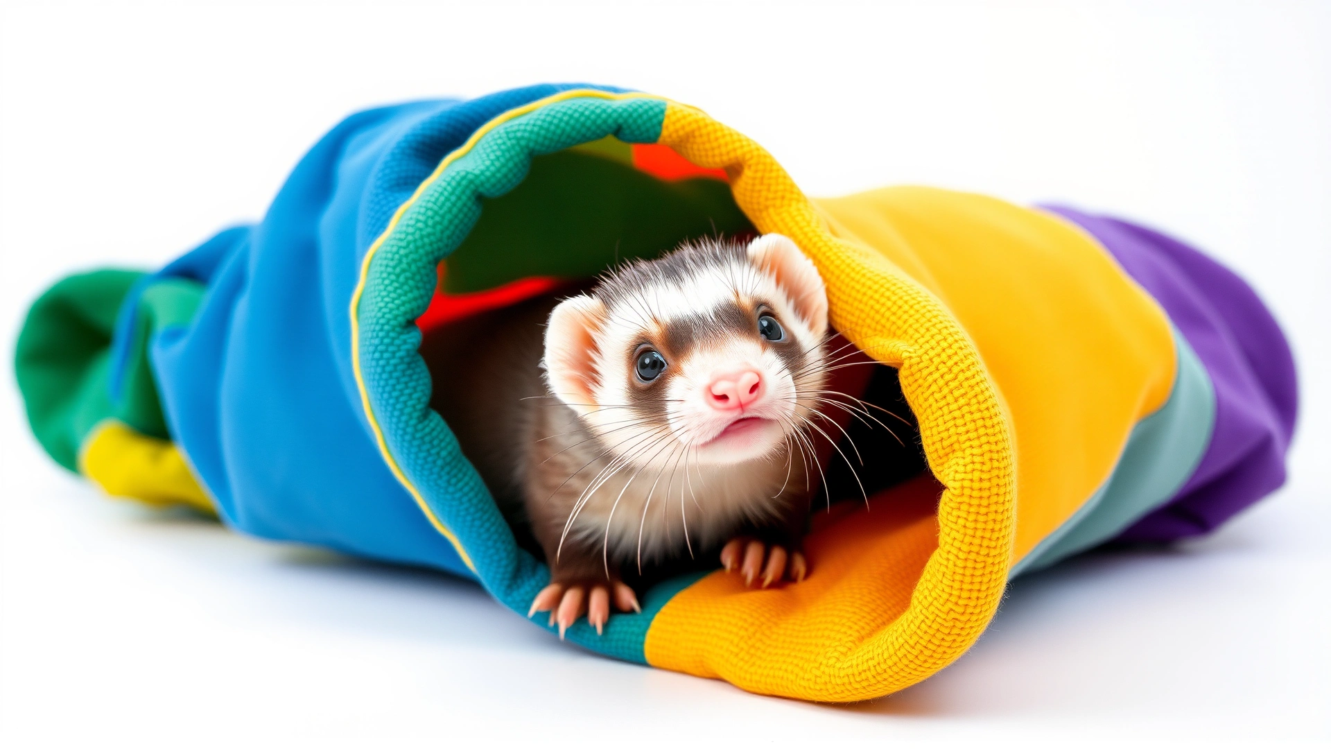 Curious ferret peeking out of a colorful canvas tunnel toy in a studio setting, white background