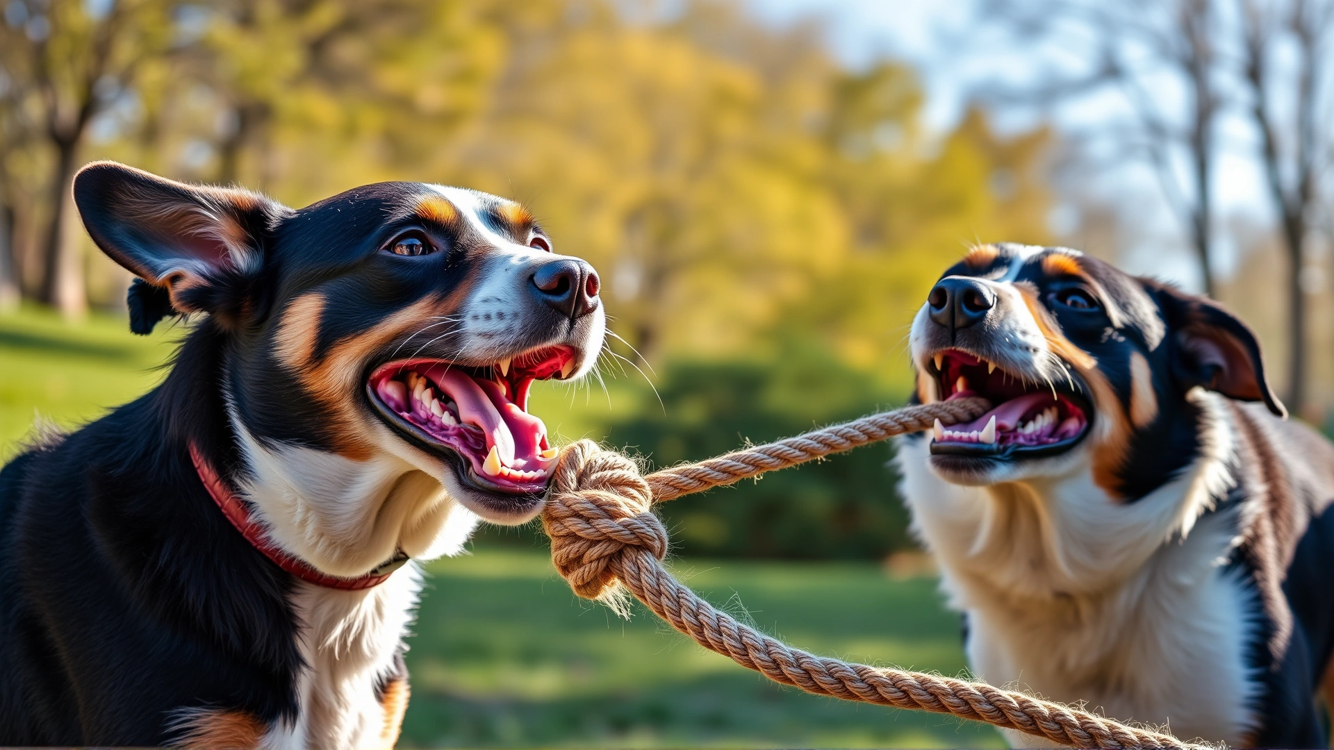 Two dogs playing tug-of-war with a rope toy, mouths open in playful growls, captured in a sunny park.