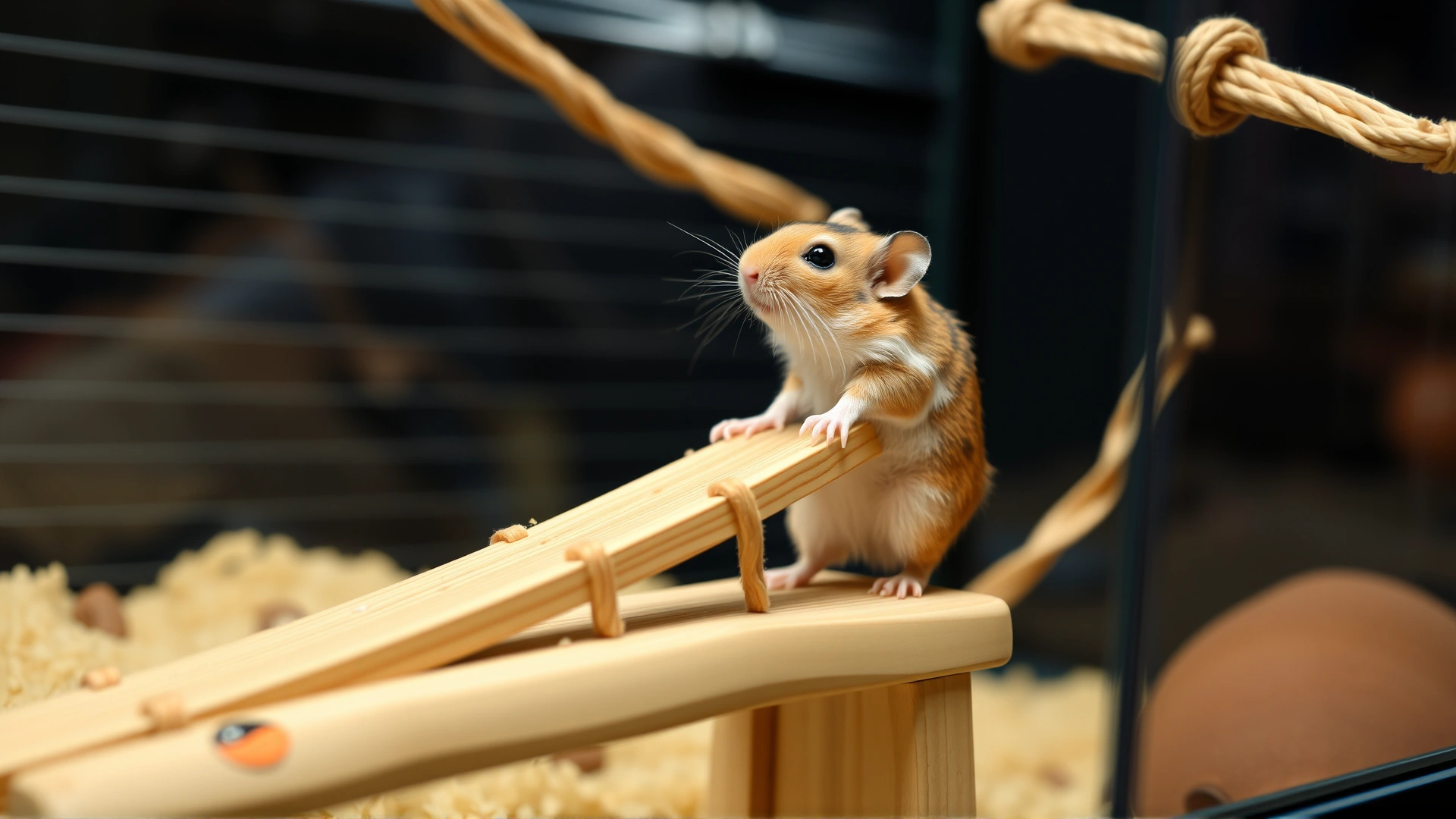 Dwarf hamster climbing on a small wooden bridge toy inside its enclosure, conveying playfulness and environmental enrichment