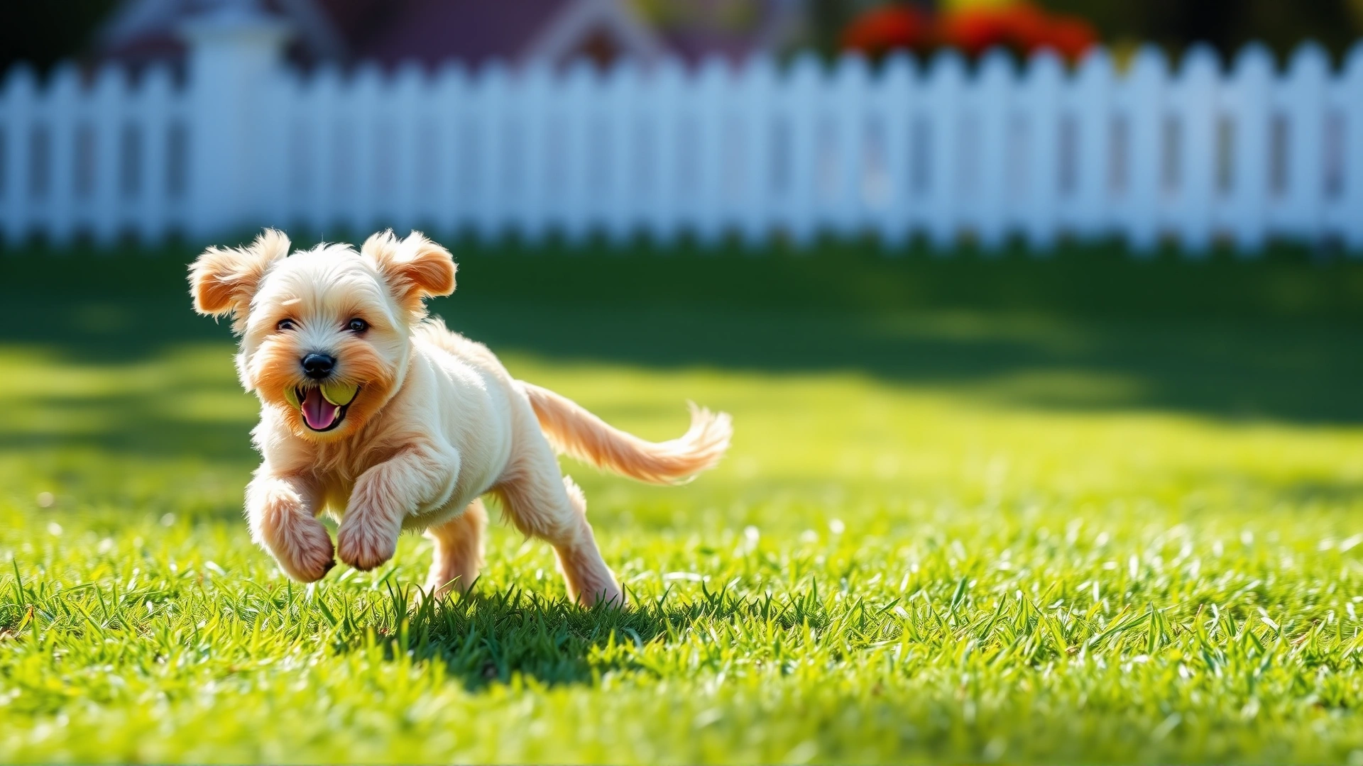 A Havapoo puppy running joyfully with a tennis ball in its mouth on a lush lawn, motion blur background, bright daylight