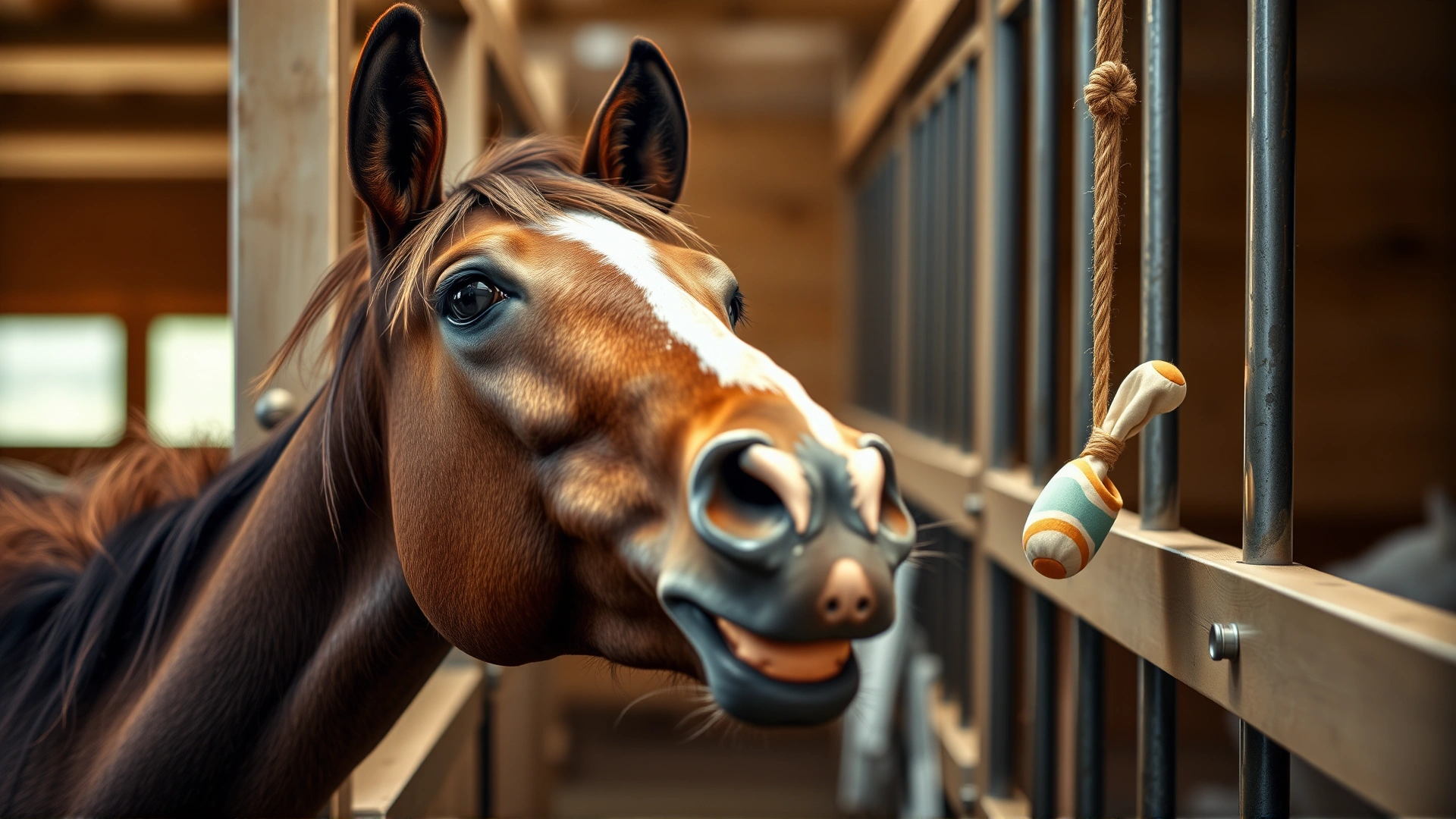 Close-up shot of a curious horse stretching its neck through stable bars towards a hanging toy, natural lighting, shallow depth of field.