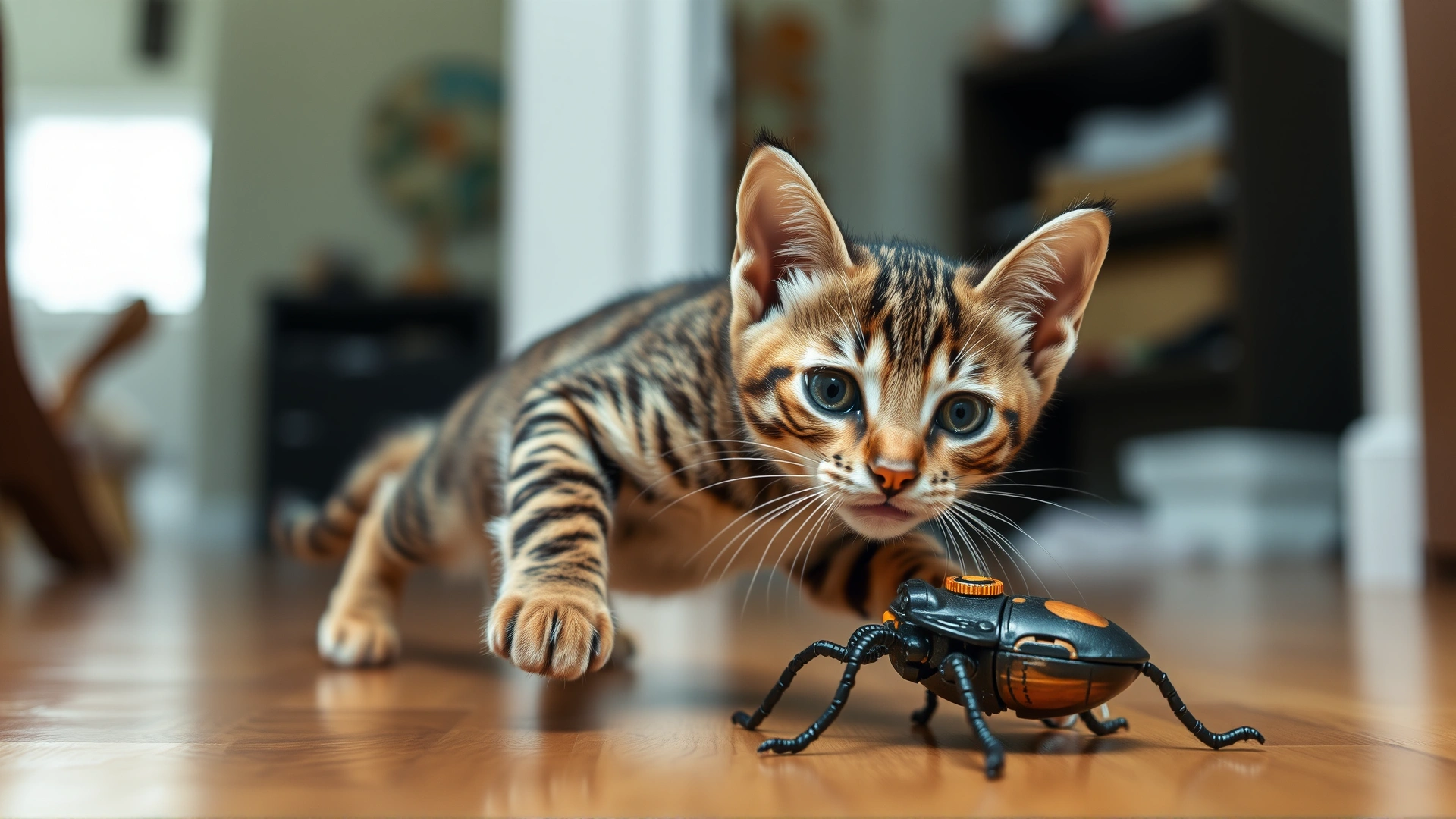 Playful young tabby cat mid-pounce on a realistic battery-powered insect toy on a hardwood floor, shallow depth of field.