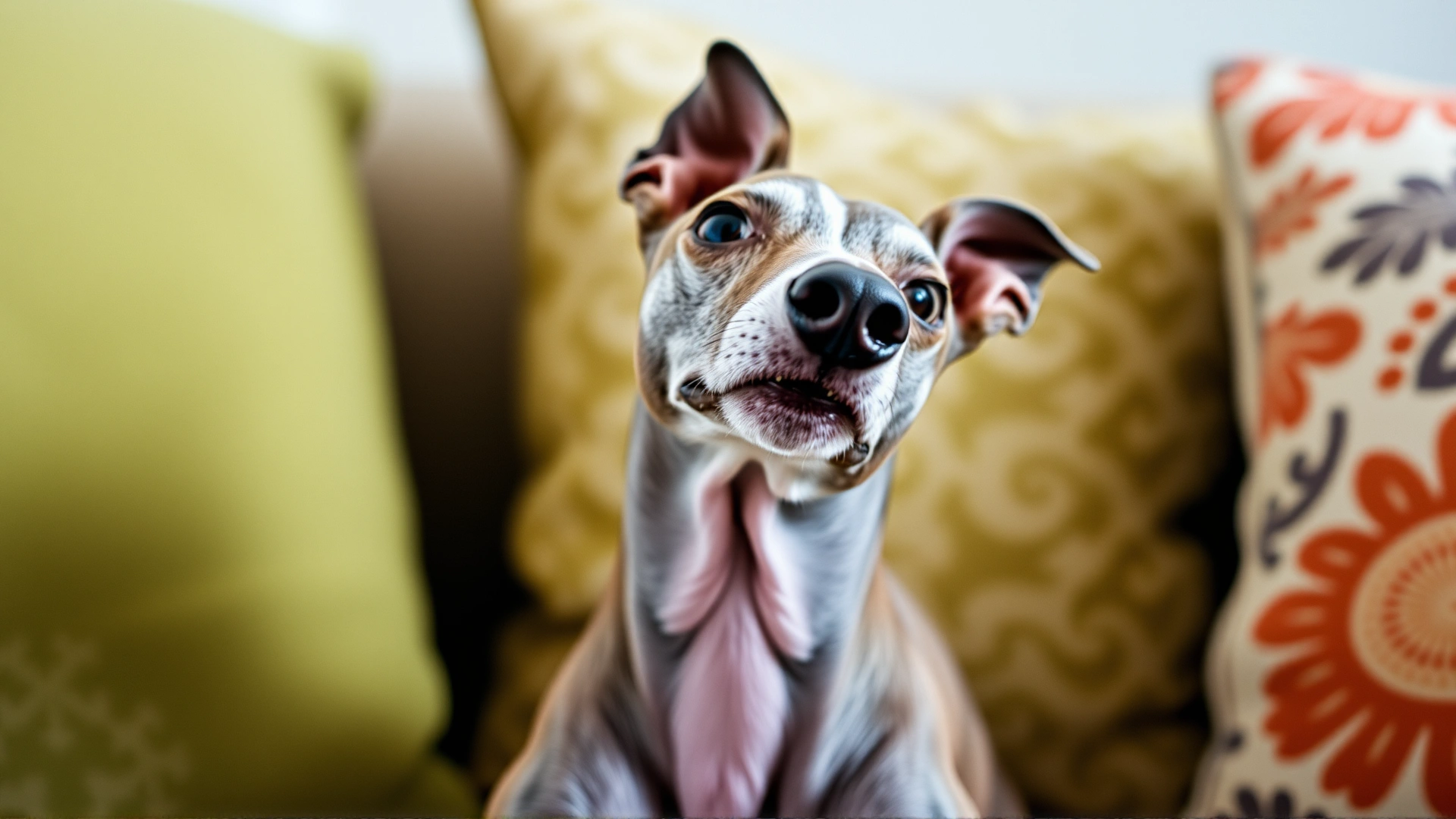 Close-up portrait of an Italian Greyhound tilting its head playfully while lounging on a cozy couch with decorative pillows