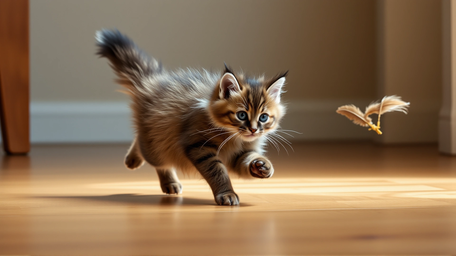 Norwegian Forest Cat kitten chasing a feather toy on a wooden floor, captured mid-leap to show playful energy.