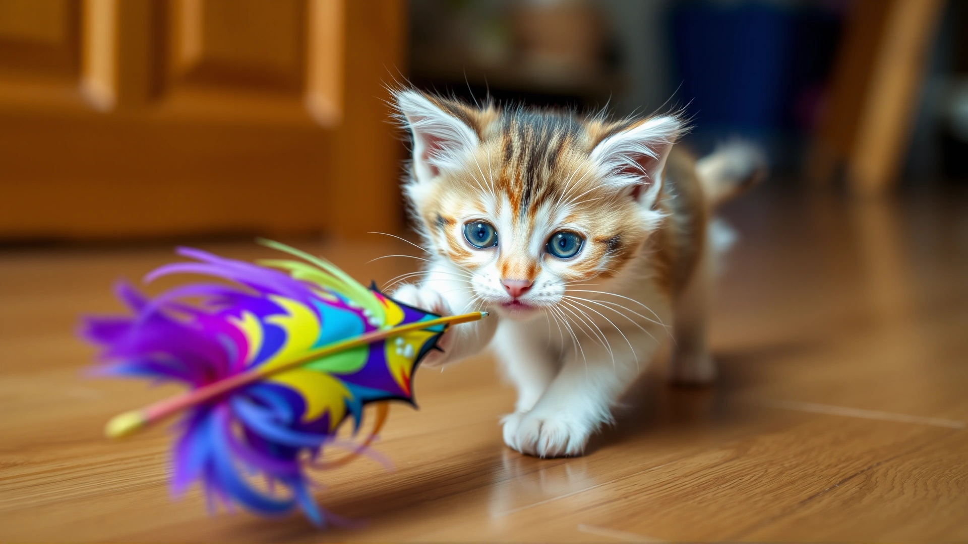 A playful Peke-Faced kitten chasing a colorful feather toy on a wooden floor, motion blur on the toy to emphasize action