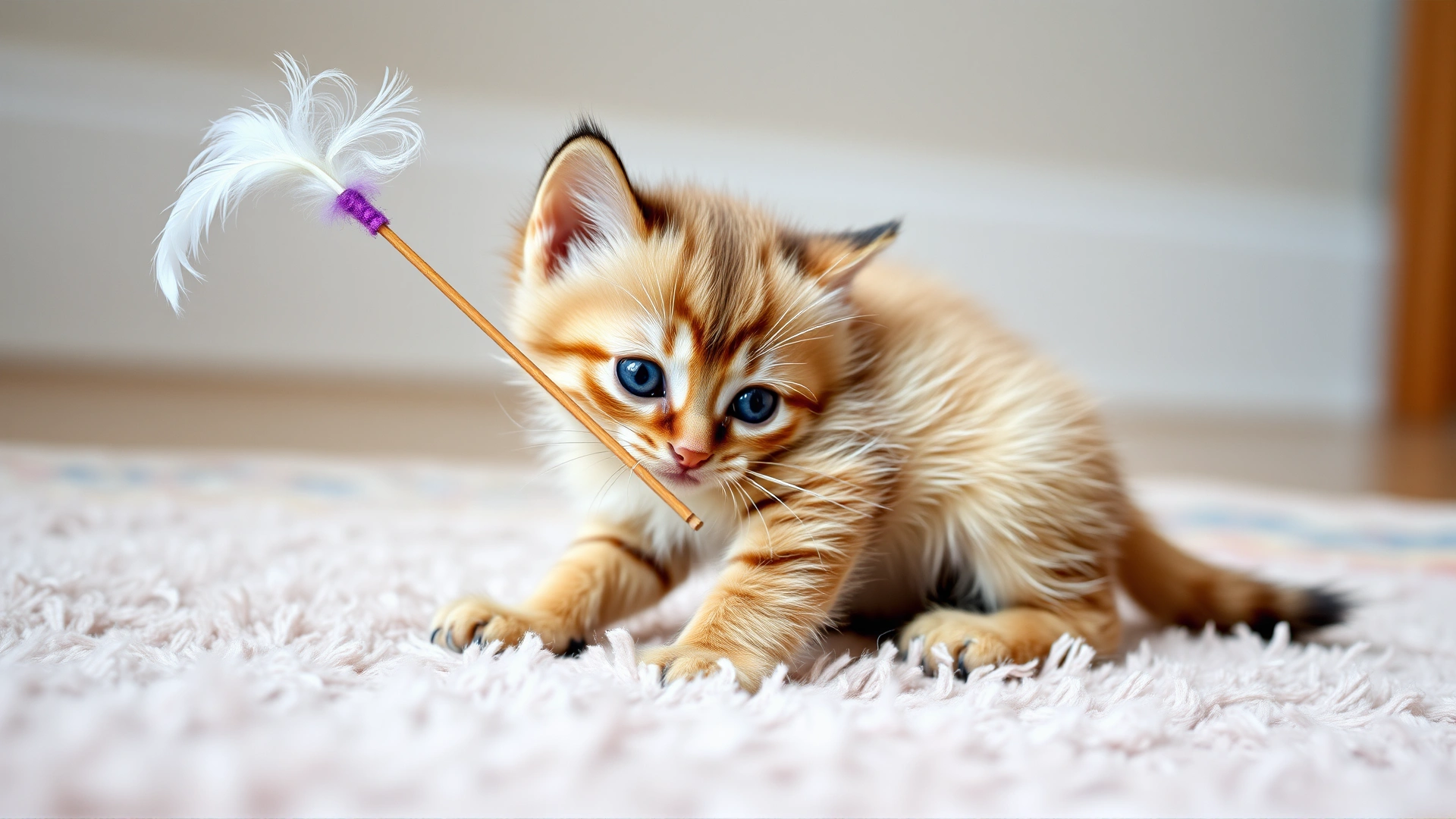 Singapura kitten playing with feather wand toy on a soft rug, motion captured, vibrant colors