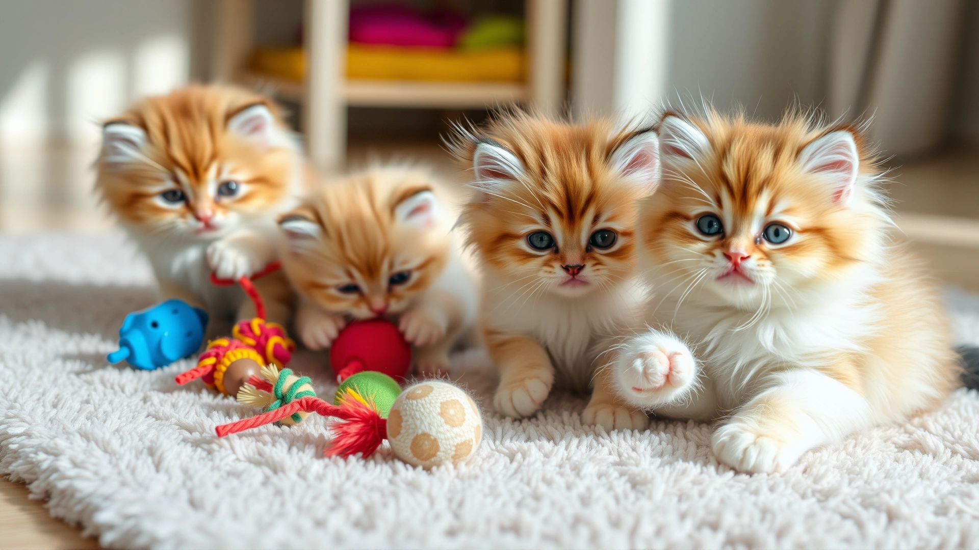 Group of fluffy Persian kittens playing with colorful toys on a soft rug, natural daylight.