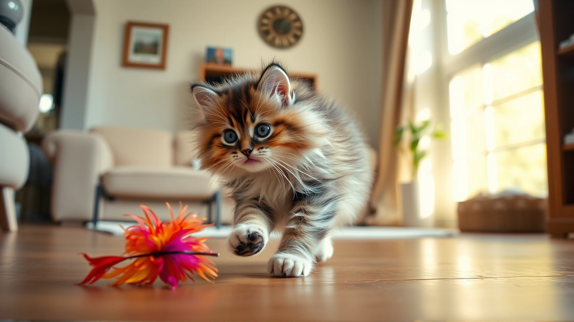 Siberian kitten chasing a colorful feather toy across a wooden floor in a cozy sunlit living room