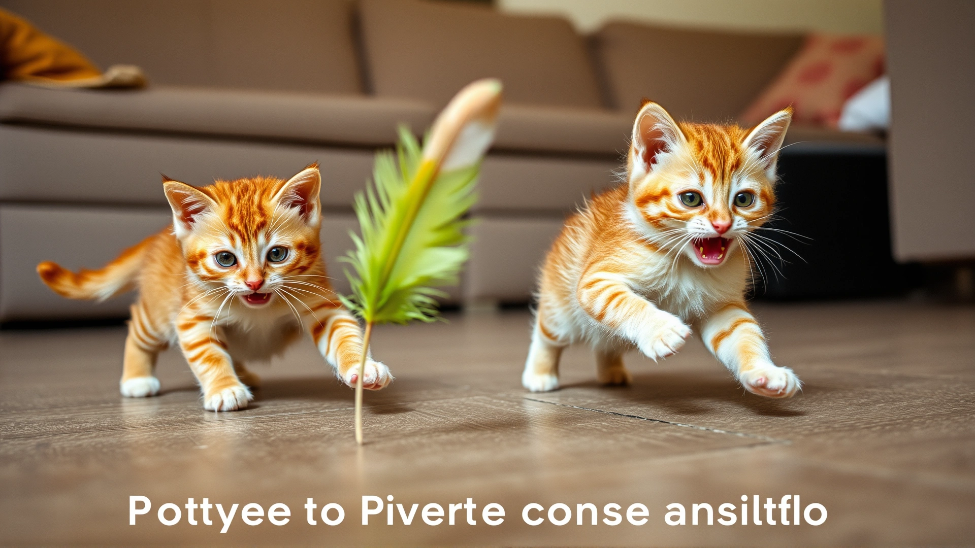 Two energetic kittens chasing a feather toy across a living room floor, highlighting the importance of exercise in preventing constipation.